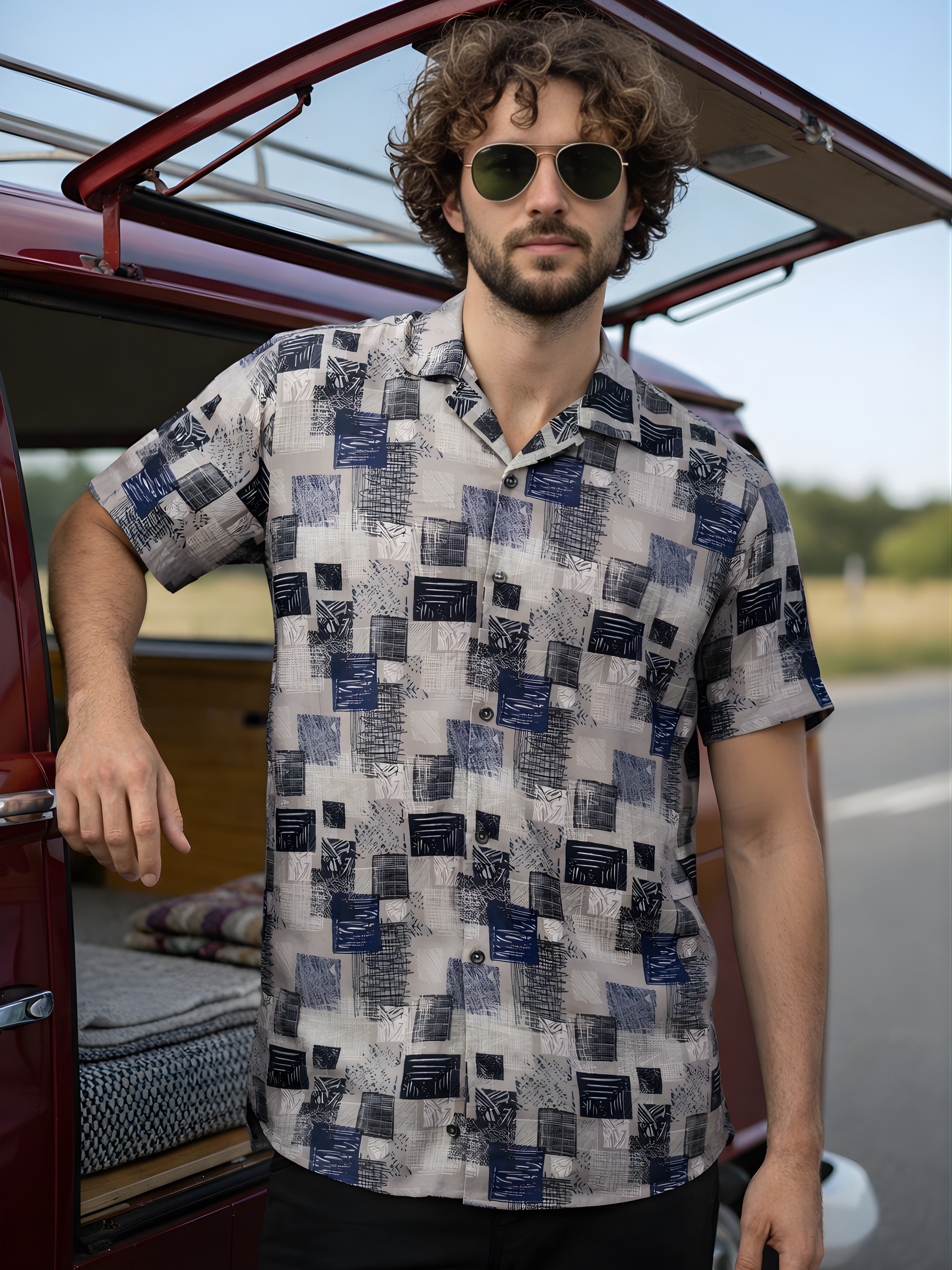 Cuban Collared Oversized Geometric Printed Shirt