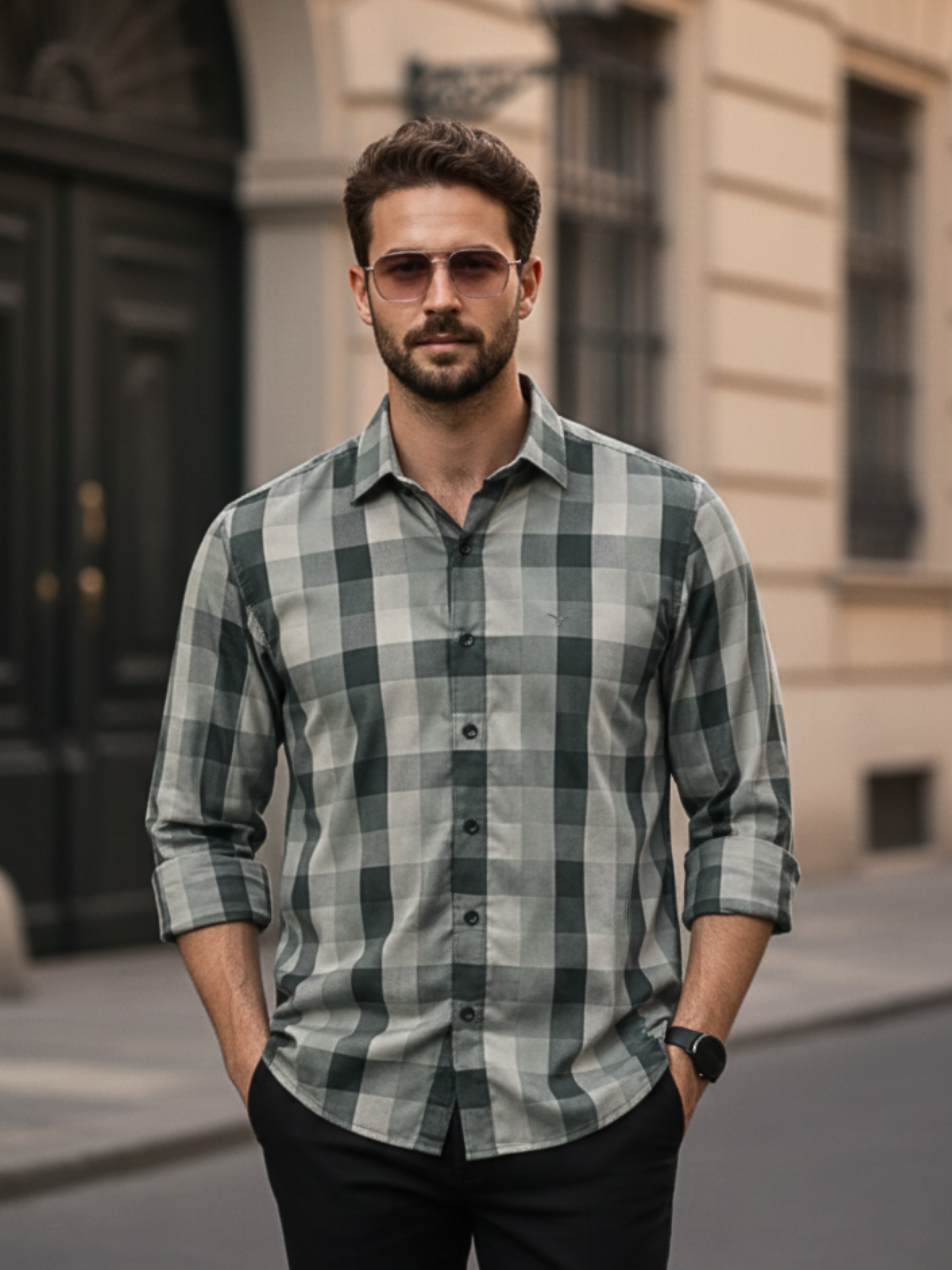 Prime Bottle Green Checkered Full Sleeve Shirt