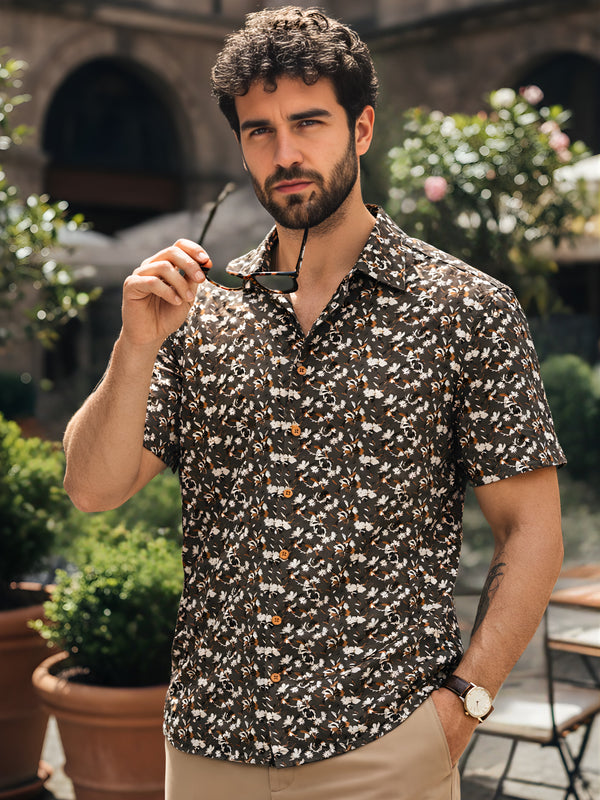 Cuban Collared Oversized Floral Printed Olive Green Shirt