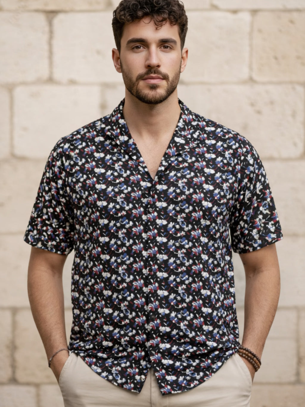 Cuban Collared Oversized Floral Printed Navy Shirt