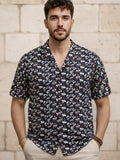 Cuban Collared Oversized Floral Printed Navy Shirt LEON