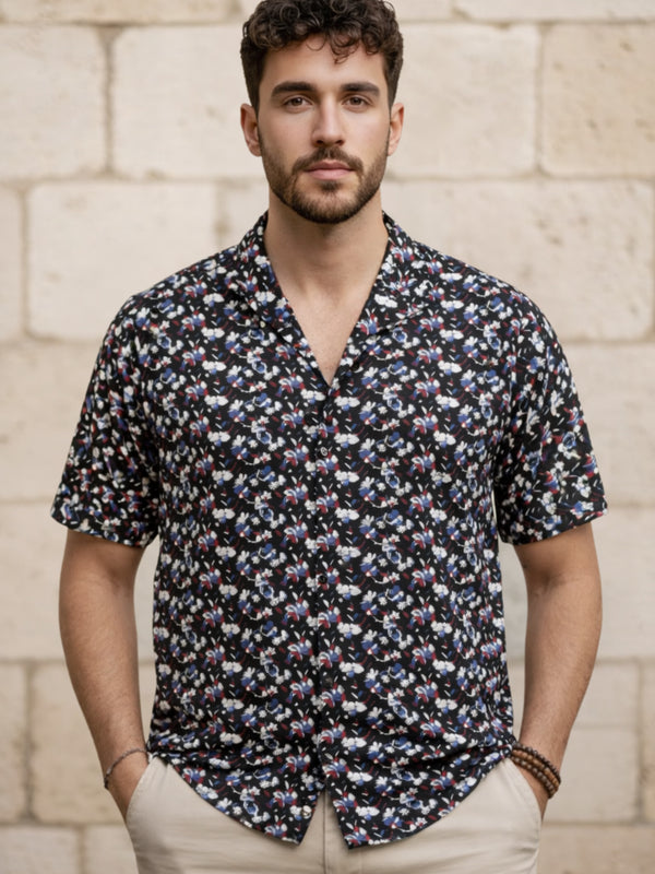 Cuban Collared Oversized Floral Printed Navy Shirt