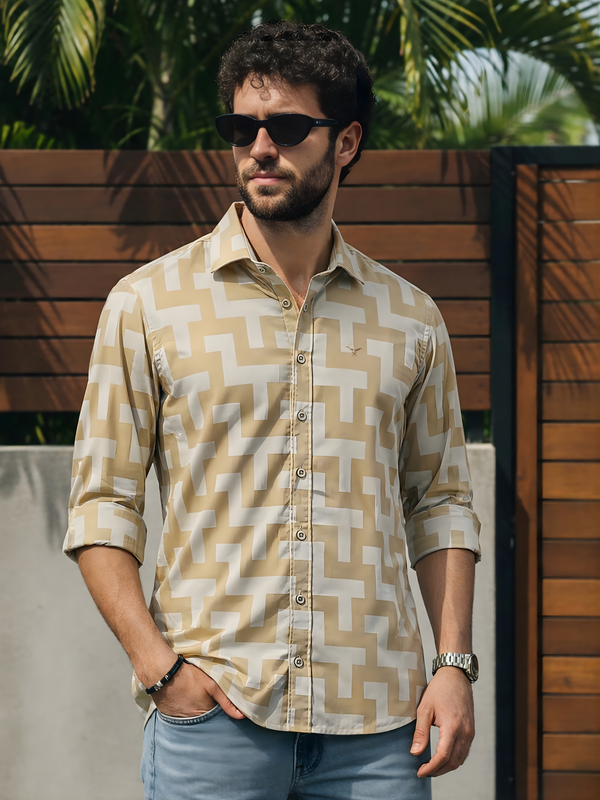 Prime Beige Patterned Full Sleeve Shirt