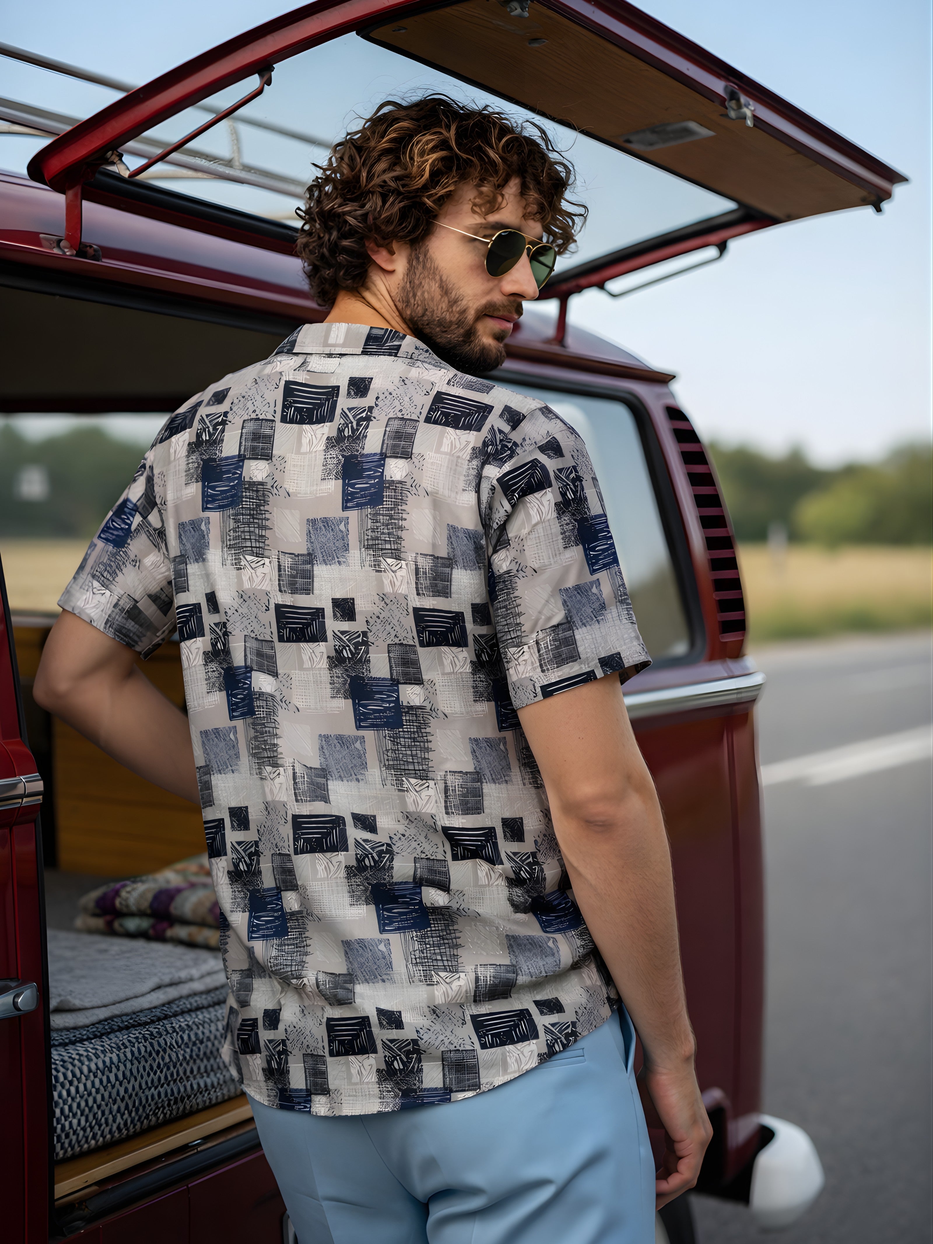 Cuban Collared Oversized Geometric Printed Shirt