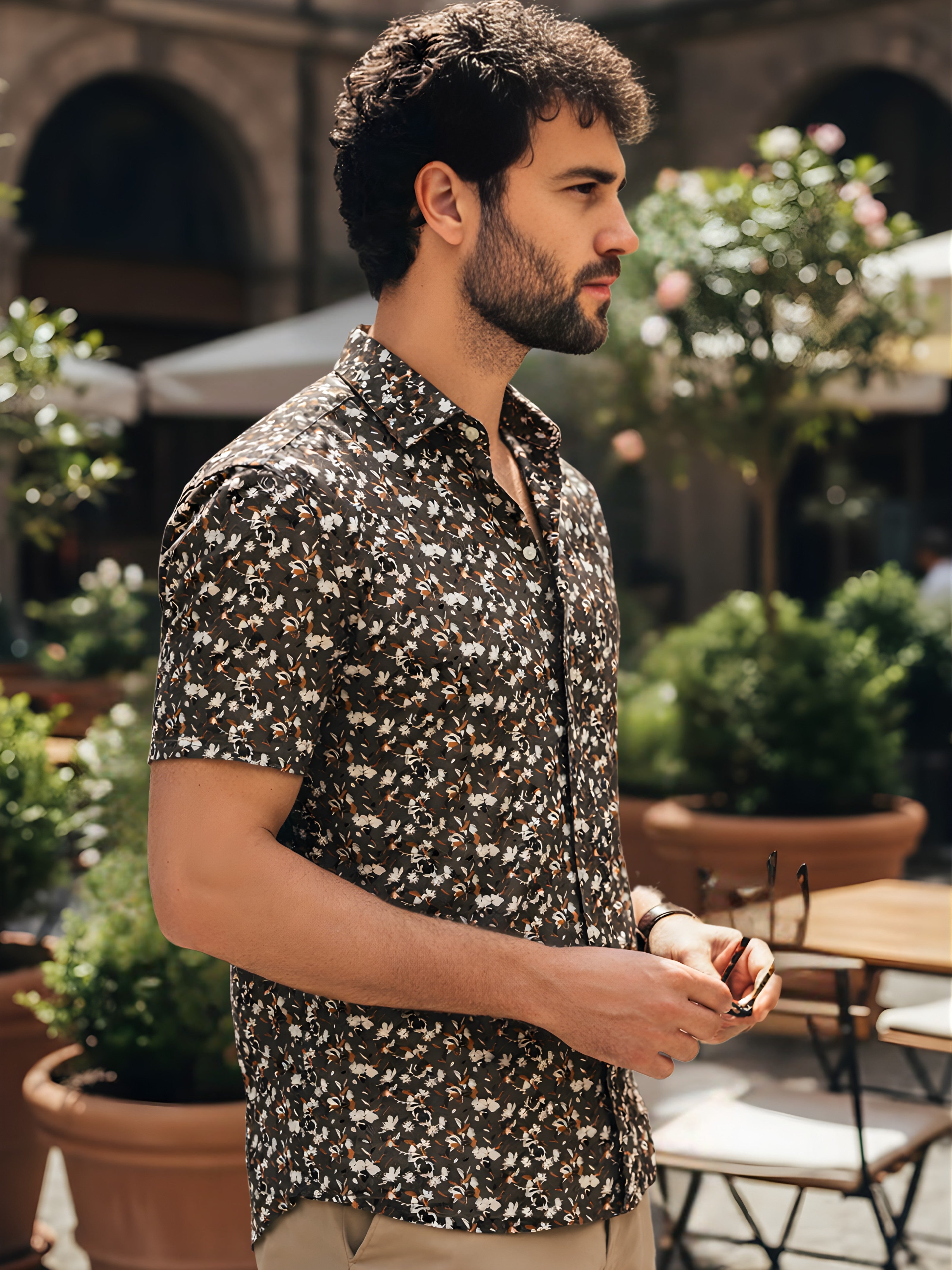 Cuban Collared Oversized Floral Printed Olive Green Shirt