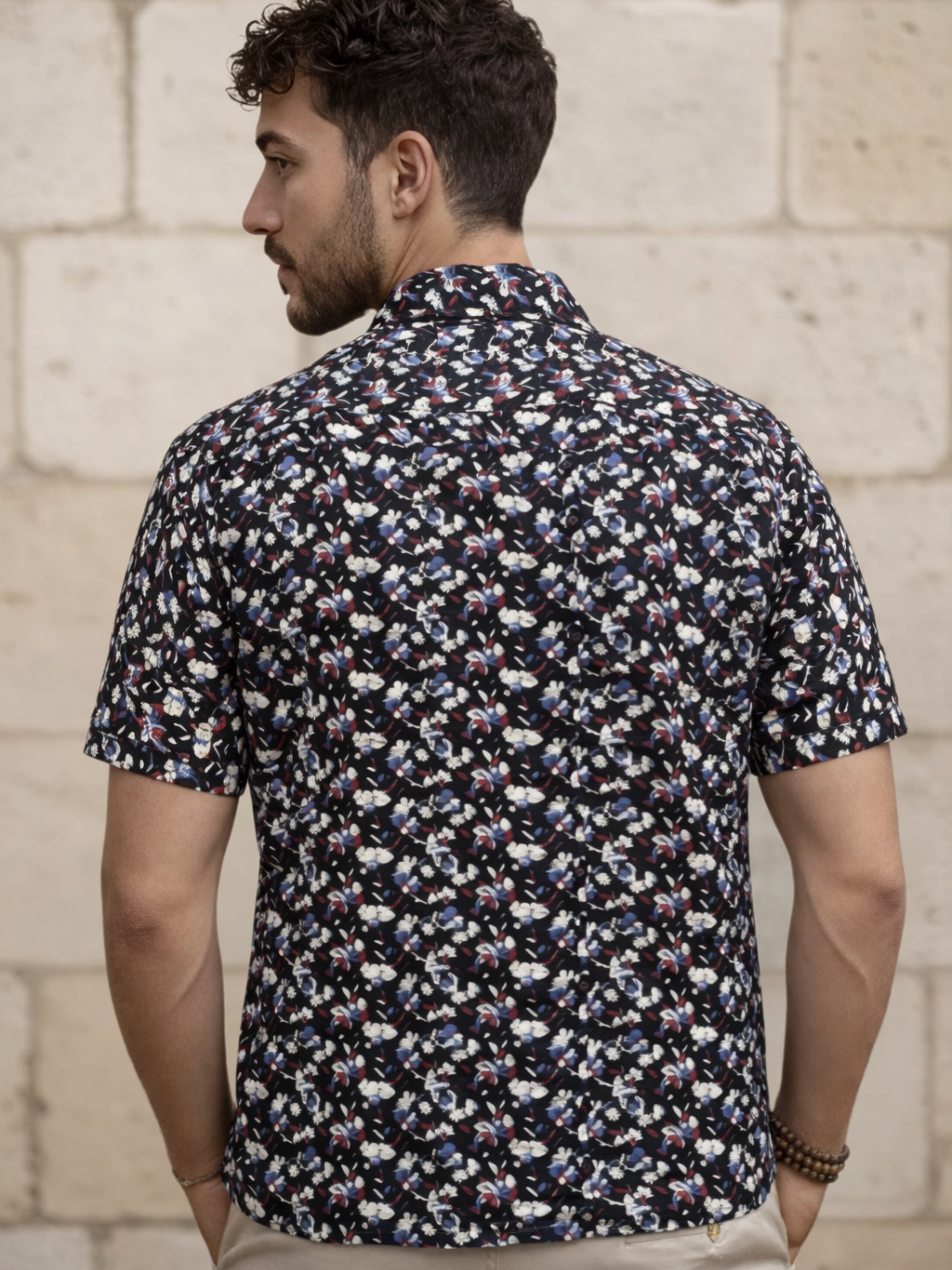 Cuban Collared Oversized Floral Printed Navy Shirt