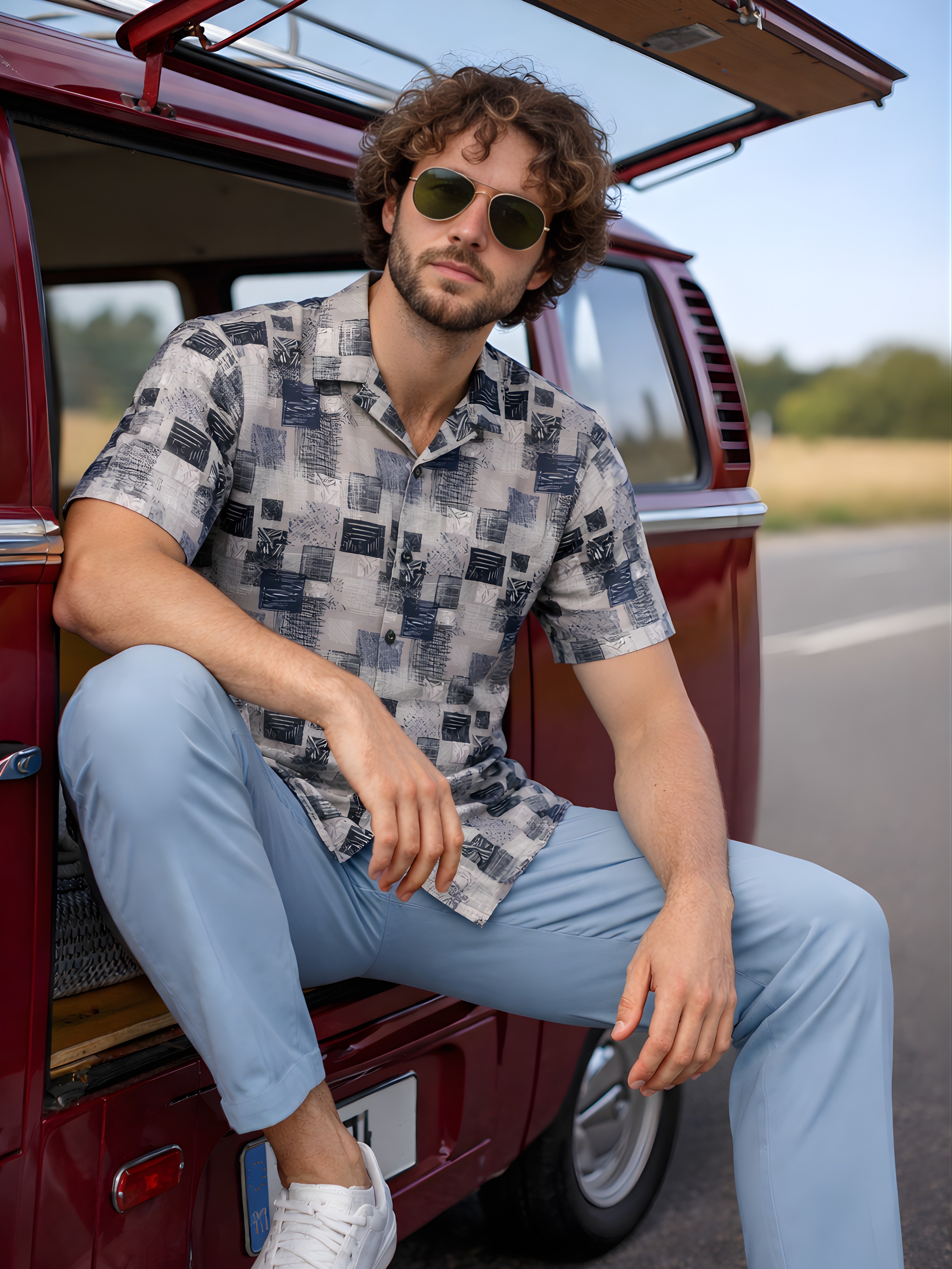 Cuban Collared Oversized Geometric Printed Shirt