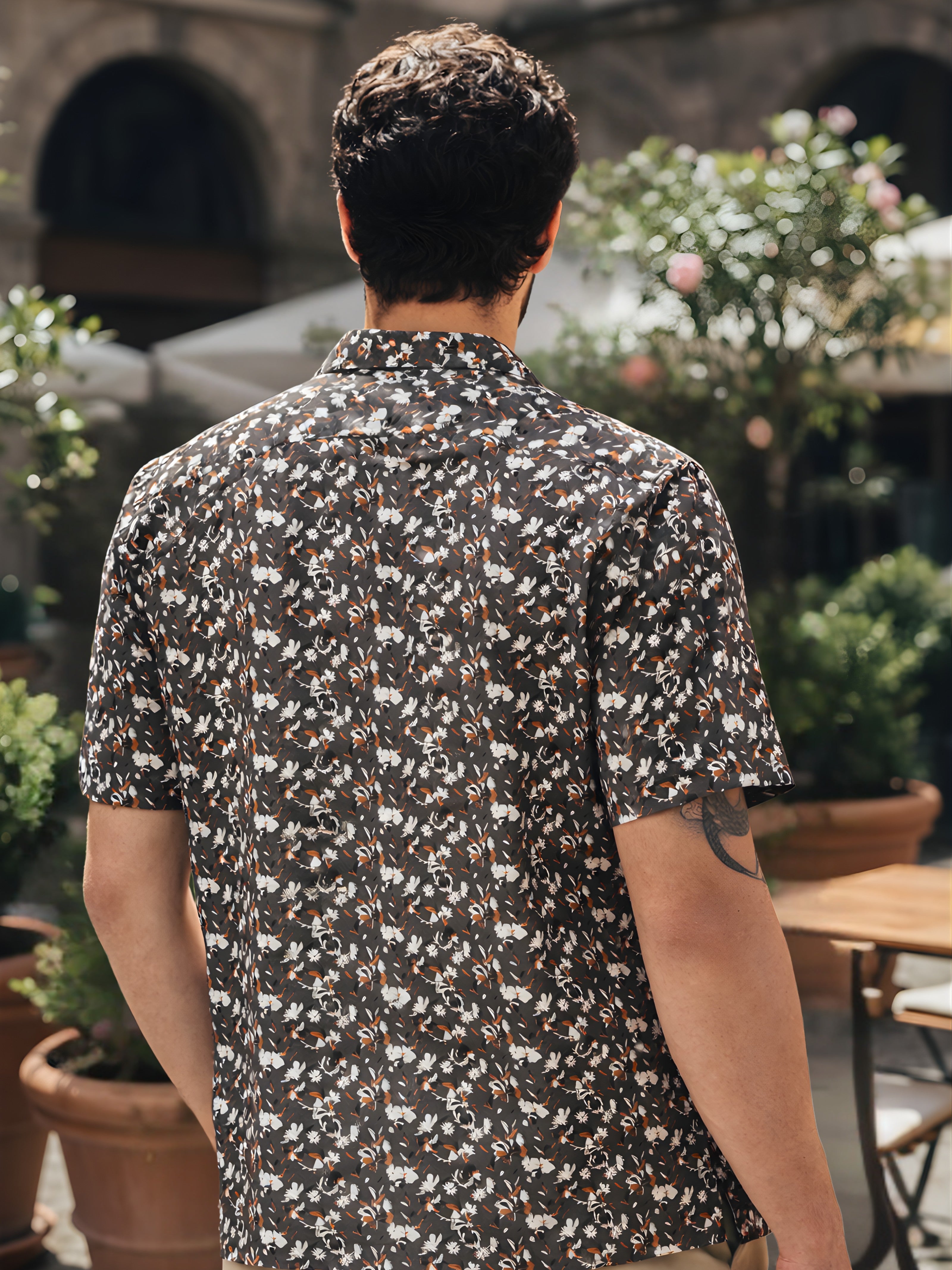 Cuban Collared Oversized Floral Printed Olive Green Shirt