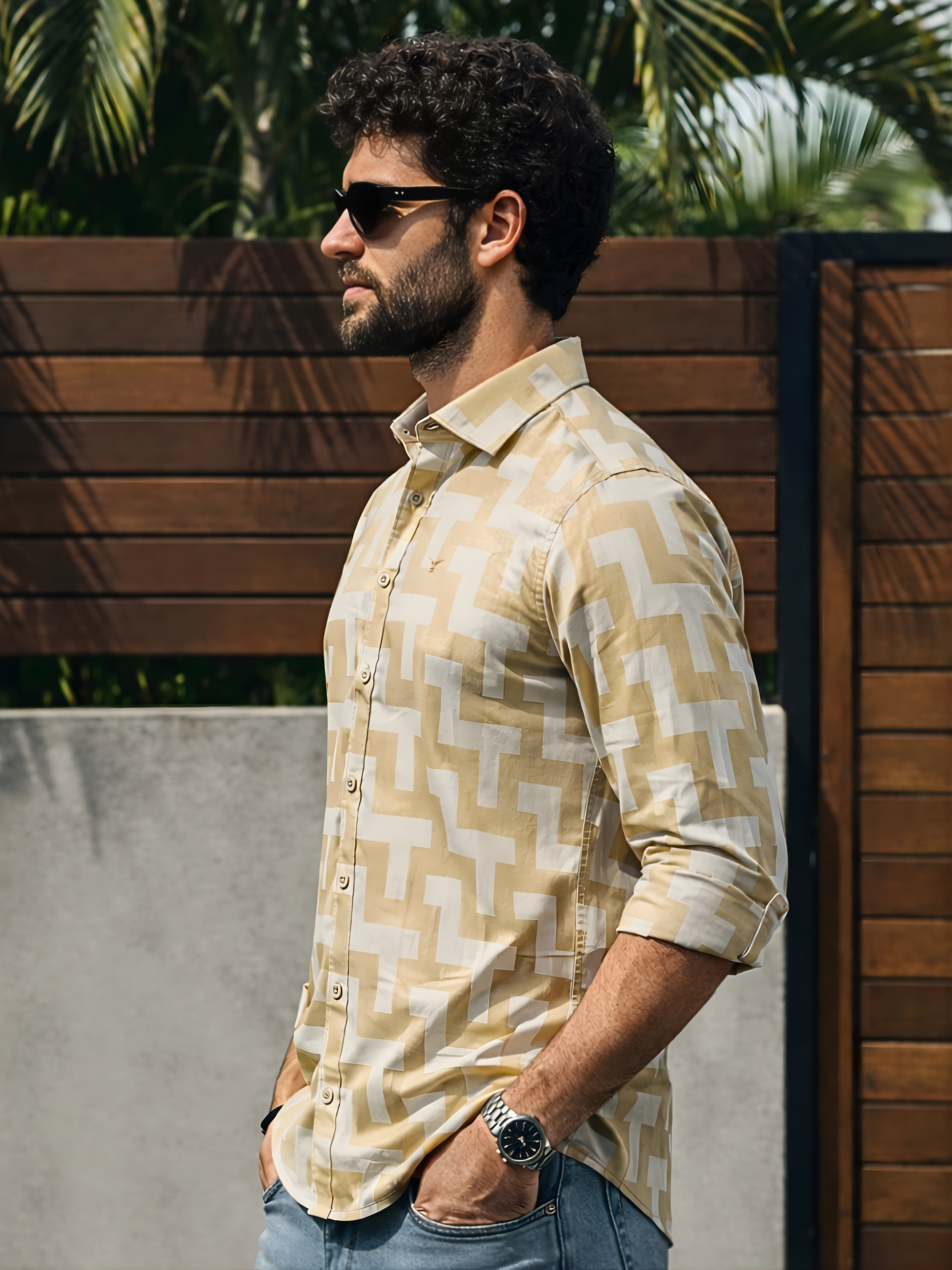 Prime Beige Patterned Full Sleeve Shirt
