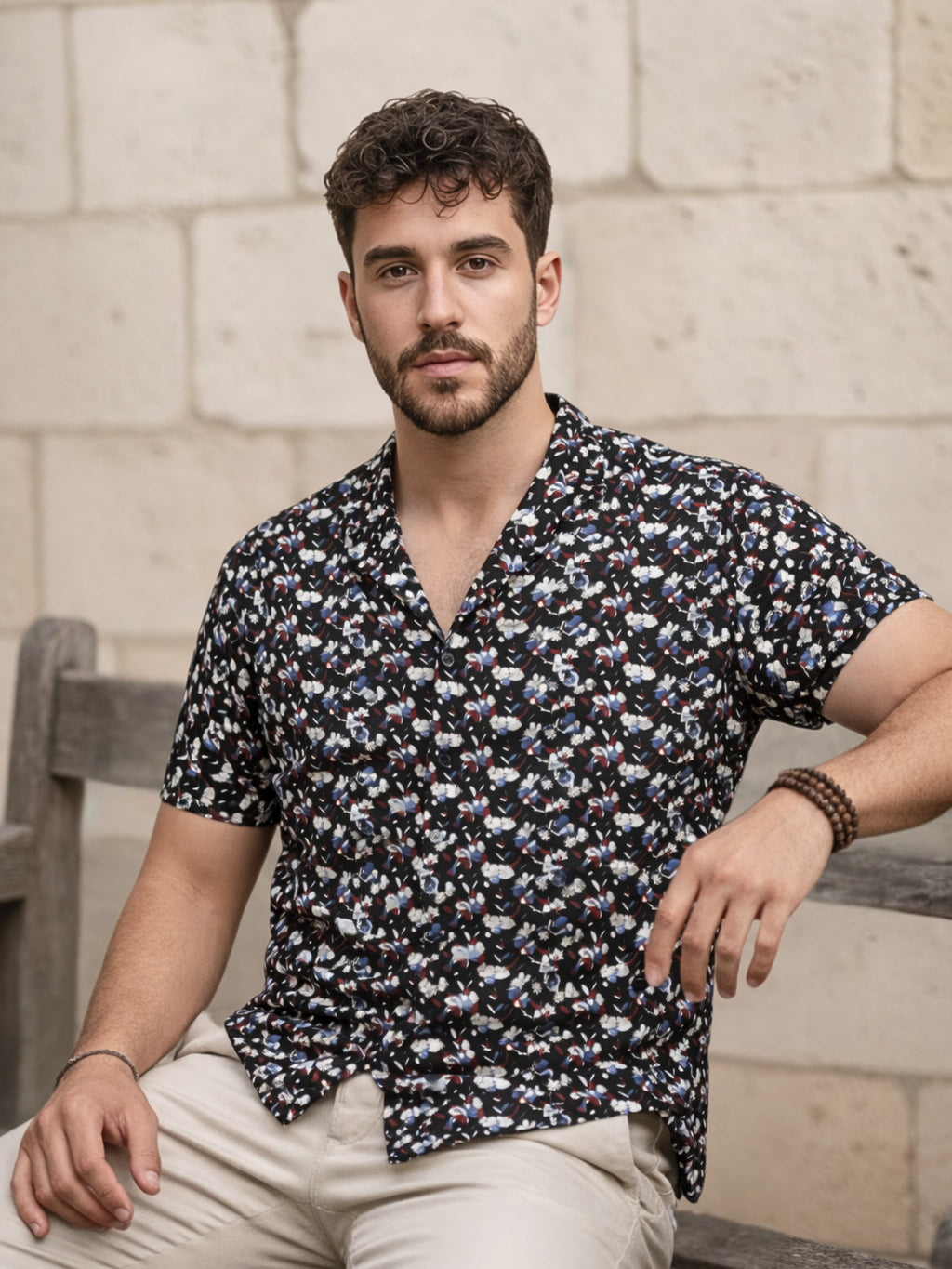 Cuban Collared Oversized Floral Printed Navy Shirt