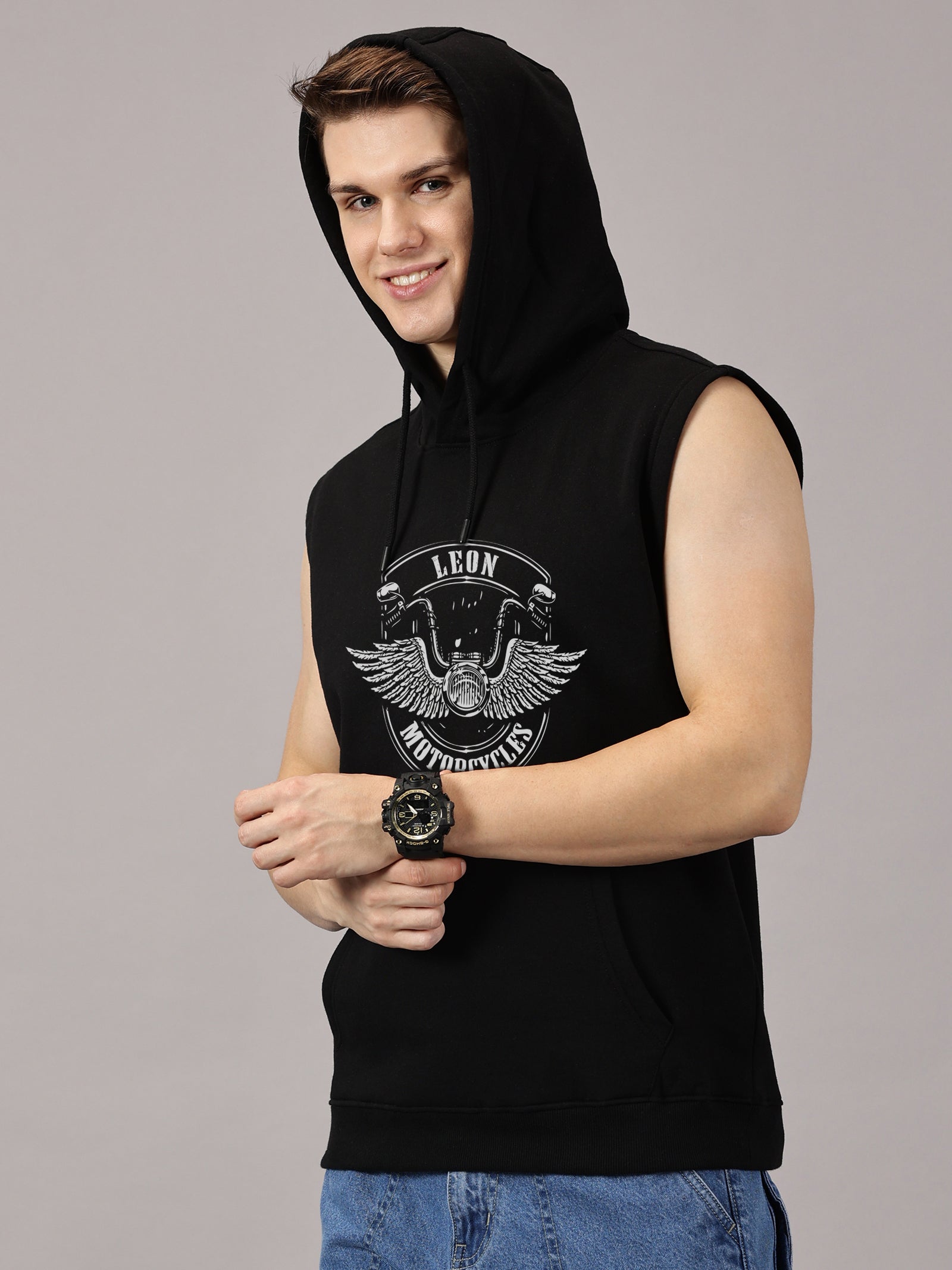 Motor Wings Printed Sleeveless Pullover Hoodie