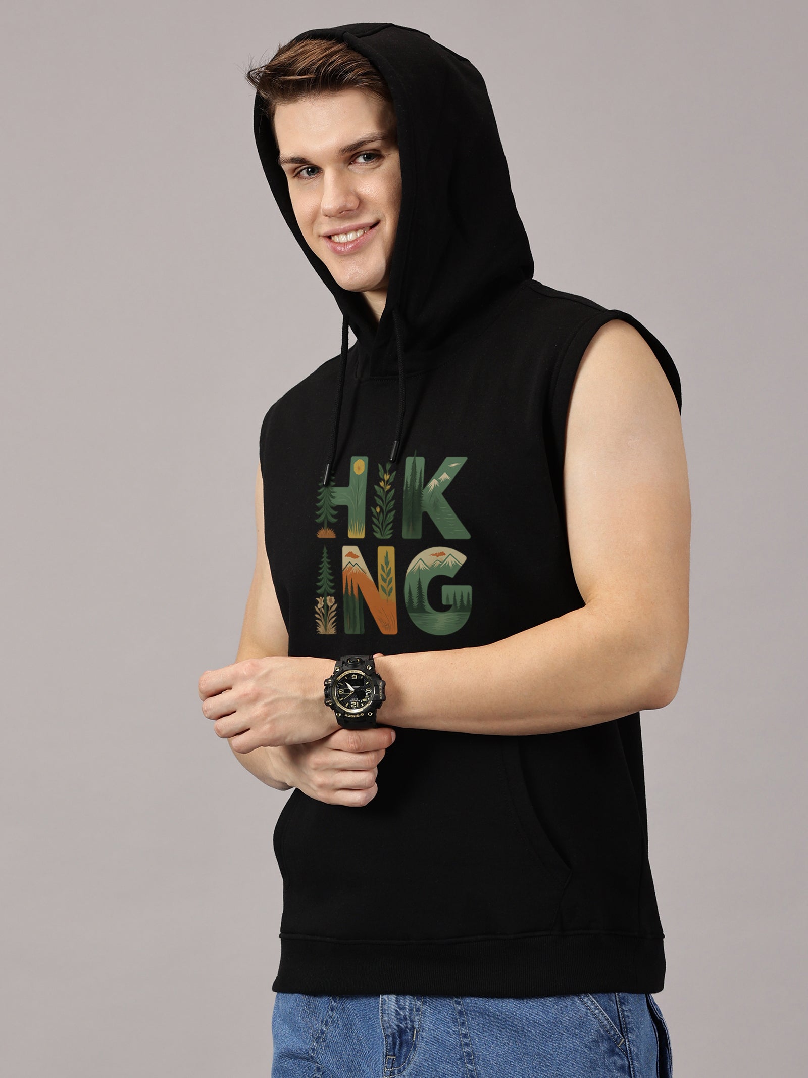 Hiking Printed Sleeveless Pullover Hoodie