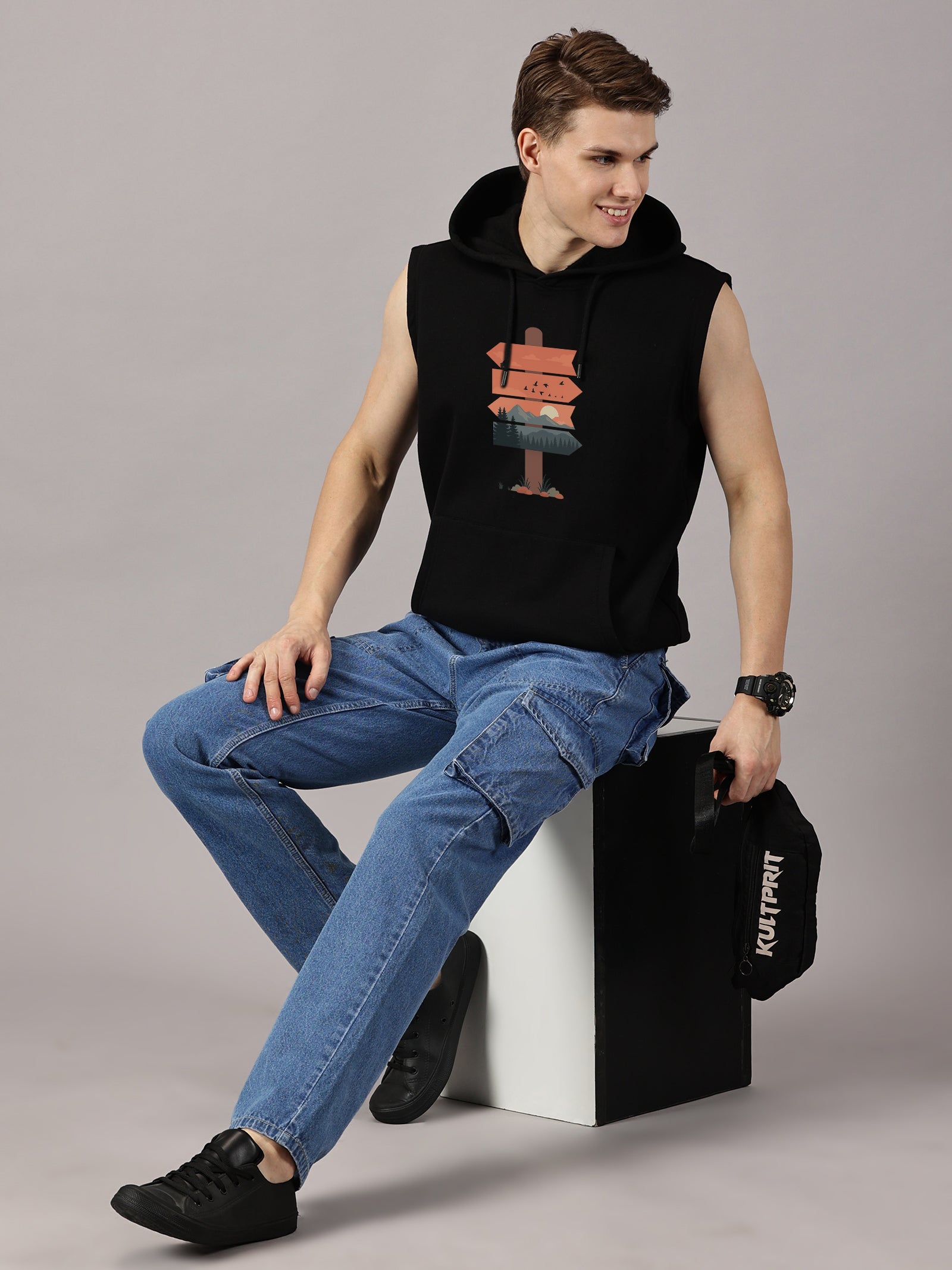 Nature Board Printed Sleeveless Pullover Hoodie