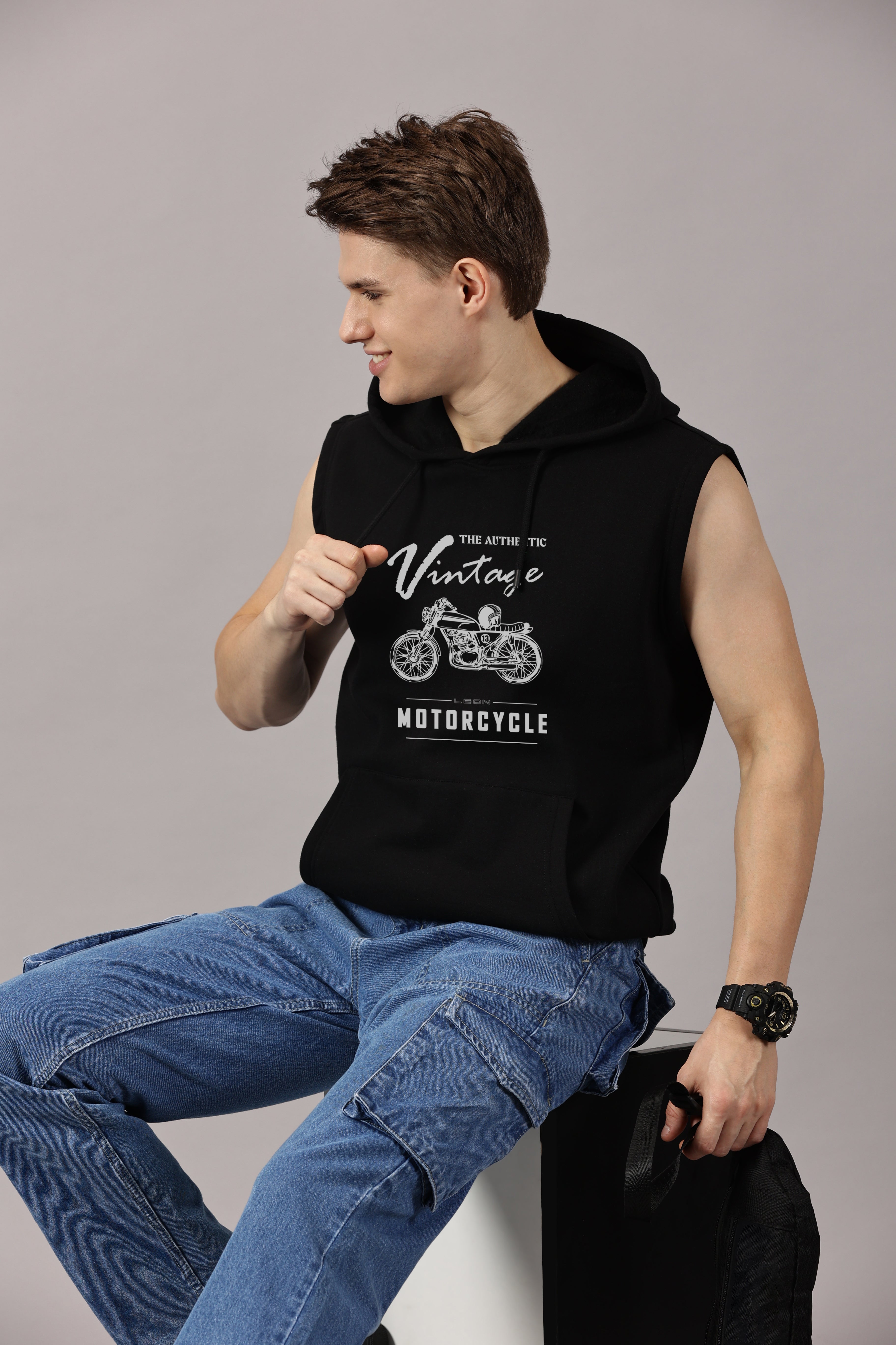 Motor Cycle Printed Sleeveless Pullover Hoodie