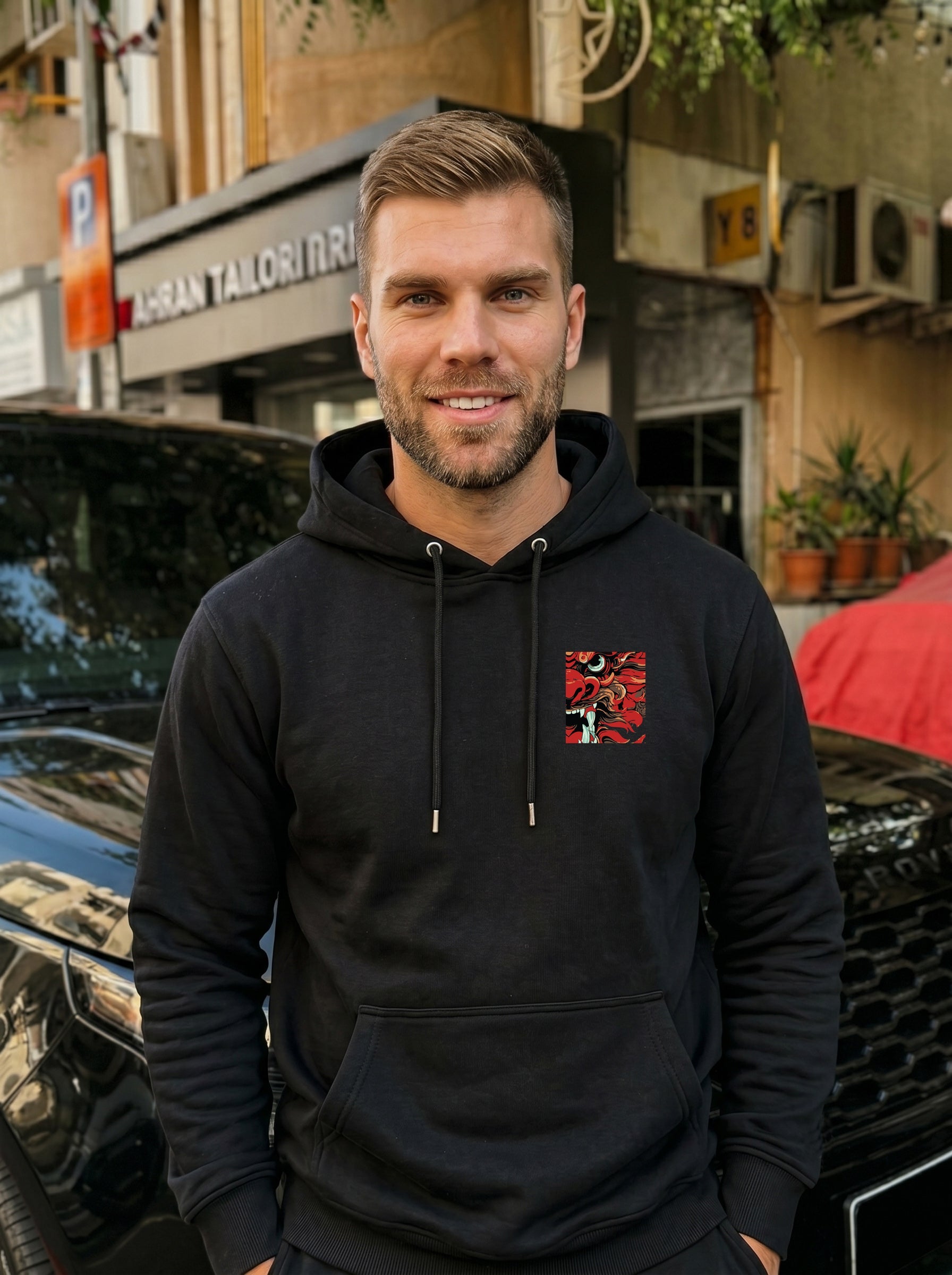 Dragon Printed Kangaroo Pocket Full Sleeve Pullover Hoodie LEON