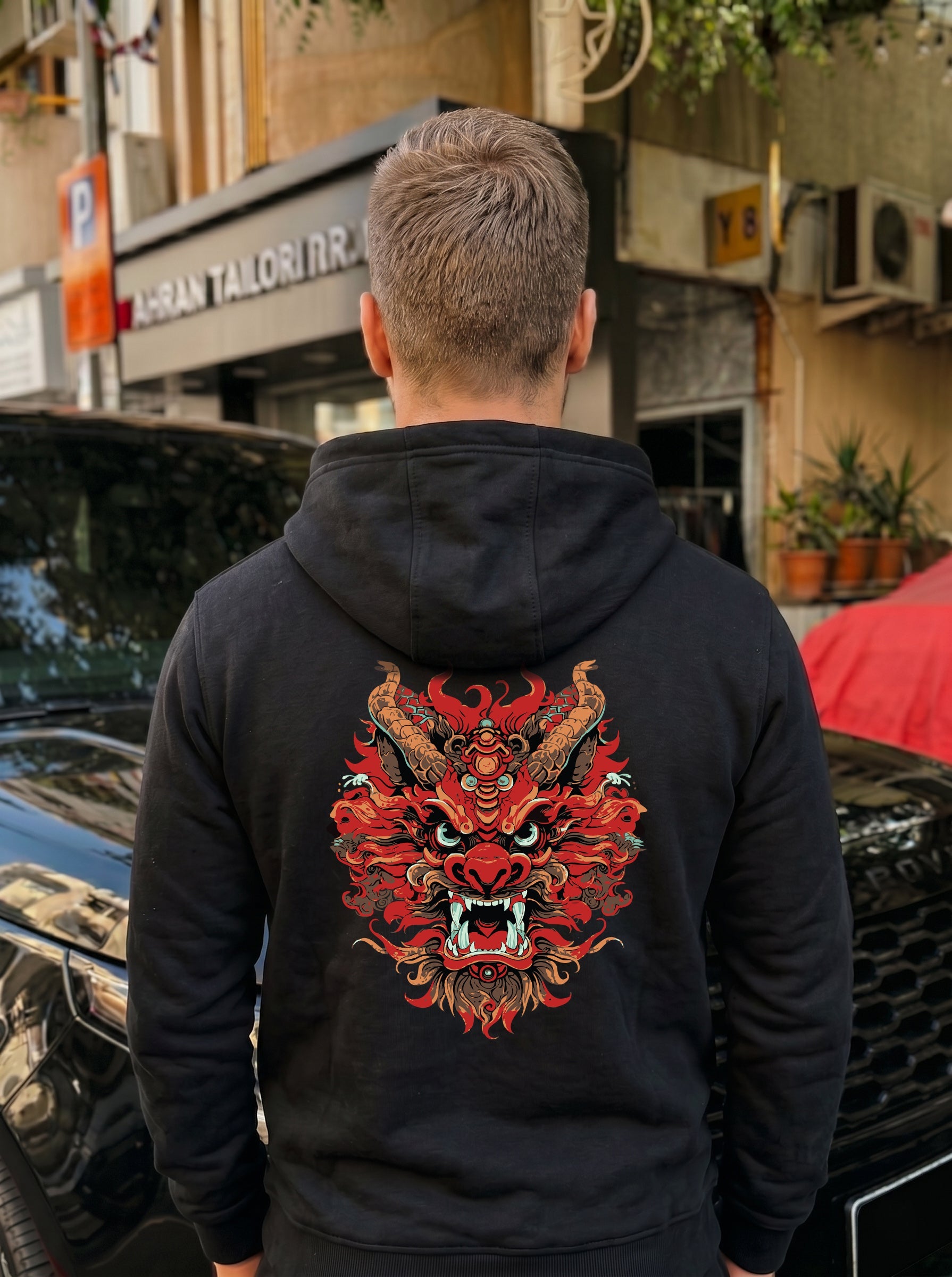 Dragon Printed Kangaroo Pocket Full Sleeve Pullover Hoodie LEON