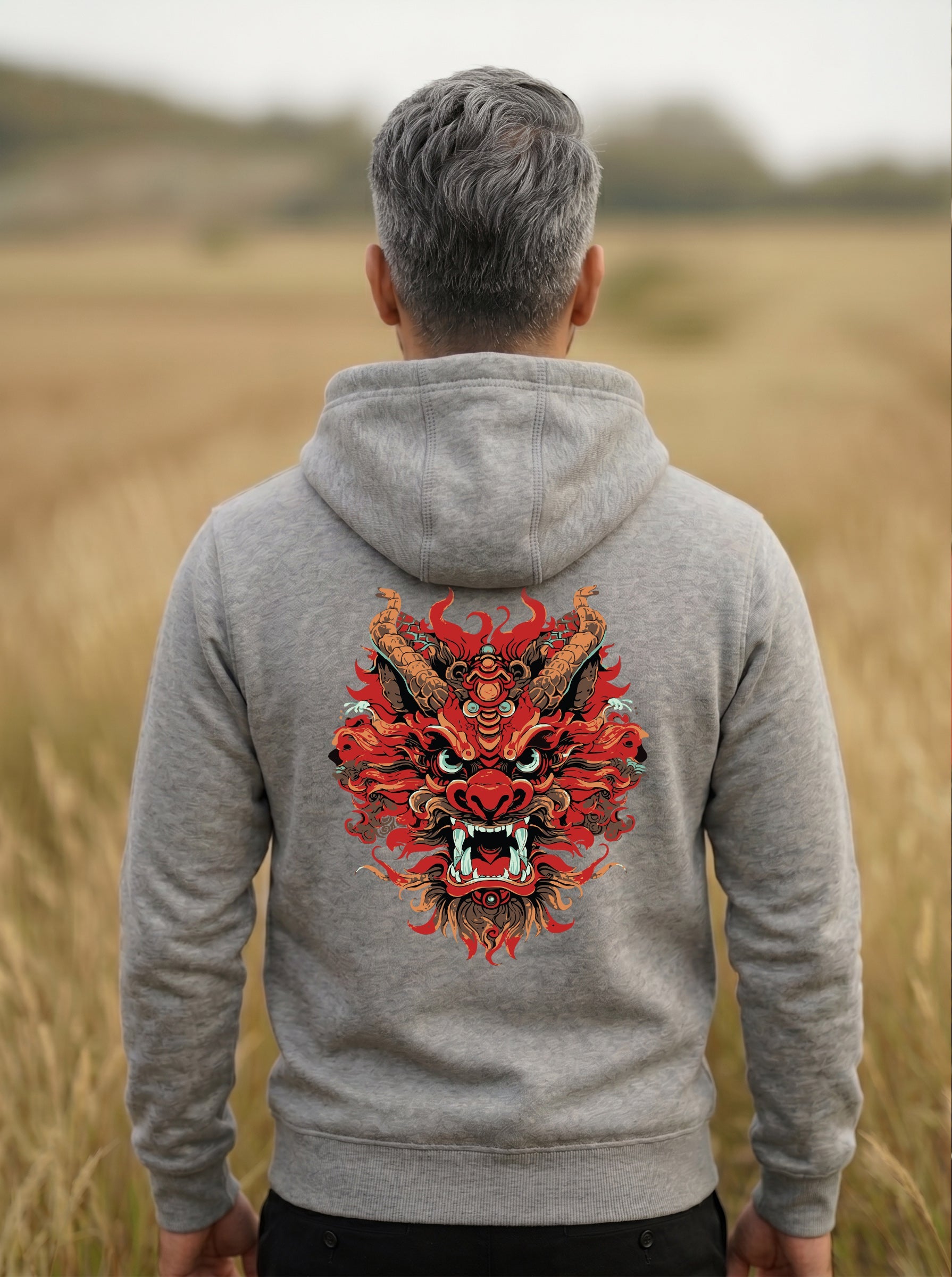 Dragon Printed Kangaroo Pocket Full Sleeve Pullover Hoodie LEON