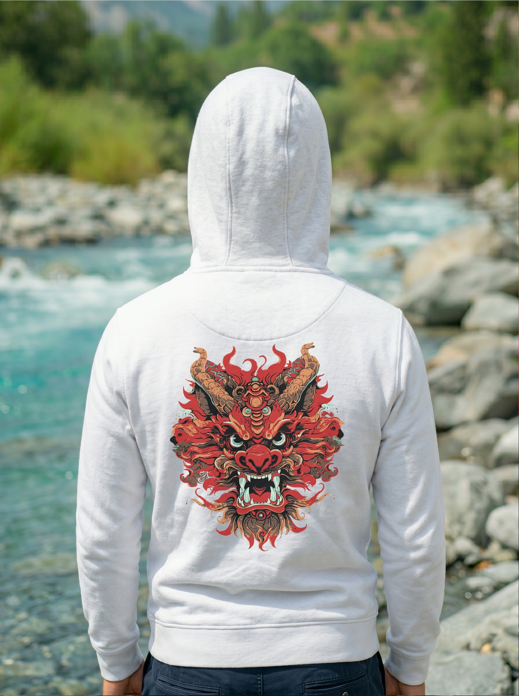 Dragon Printed Kangaroo Pocket Full Sleeve Pullover Hoodie LEON