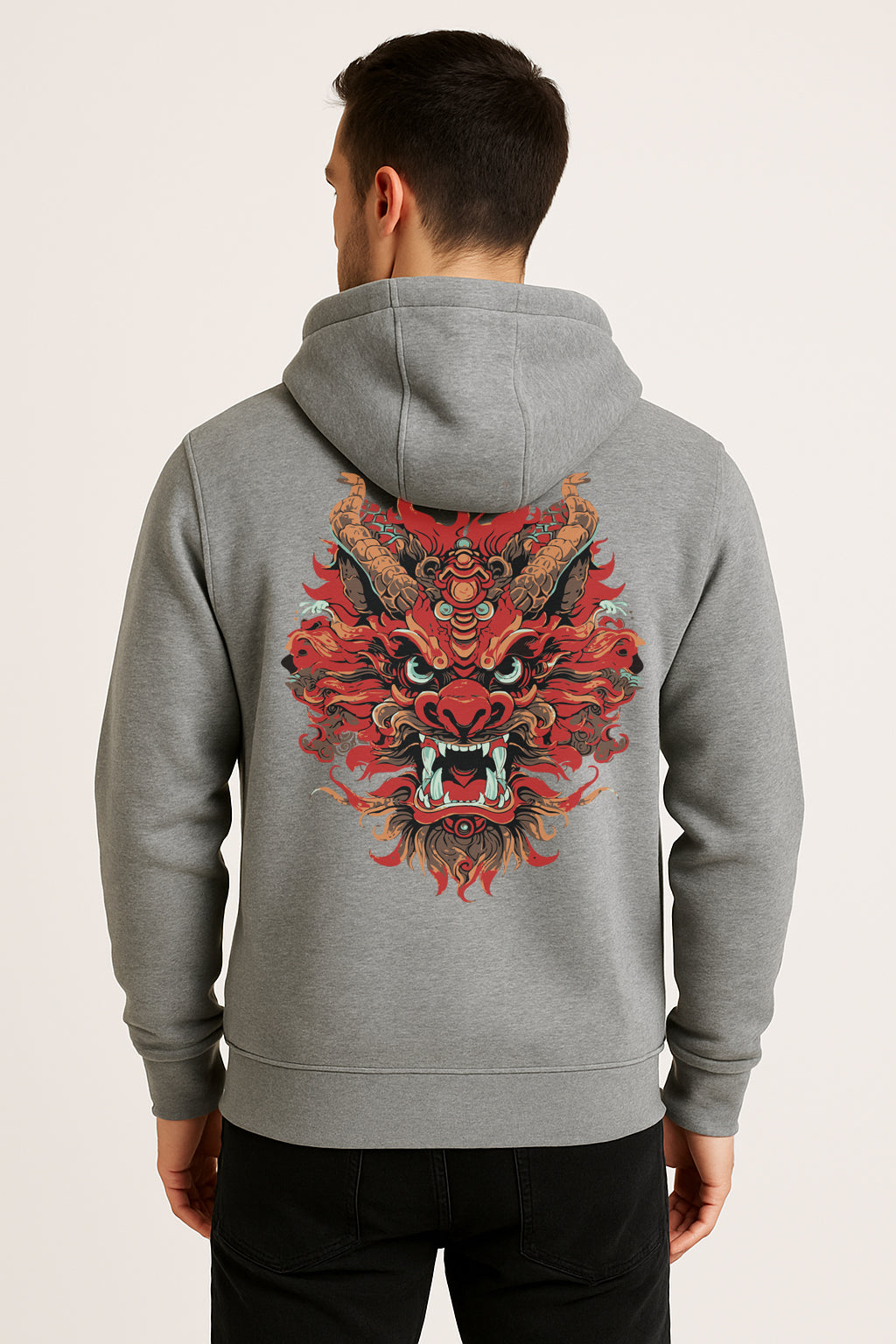 Dragon Printed Kangaroo Pocket Full Sleeve Pullover Hoodie