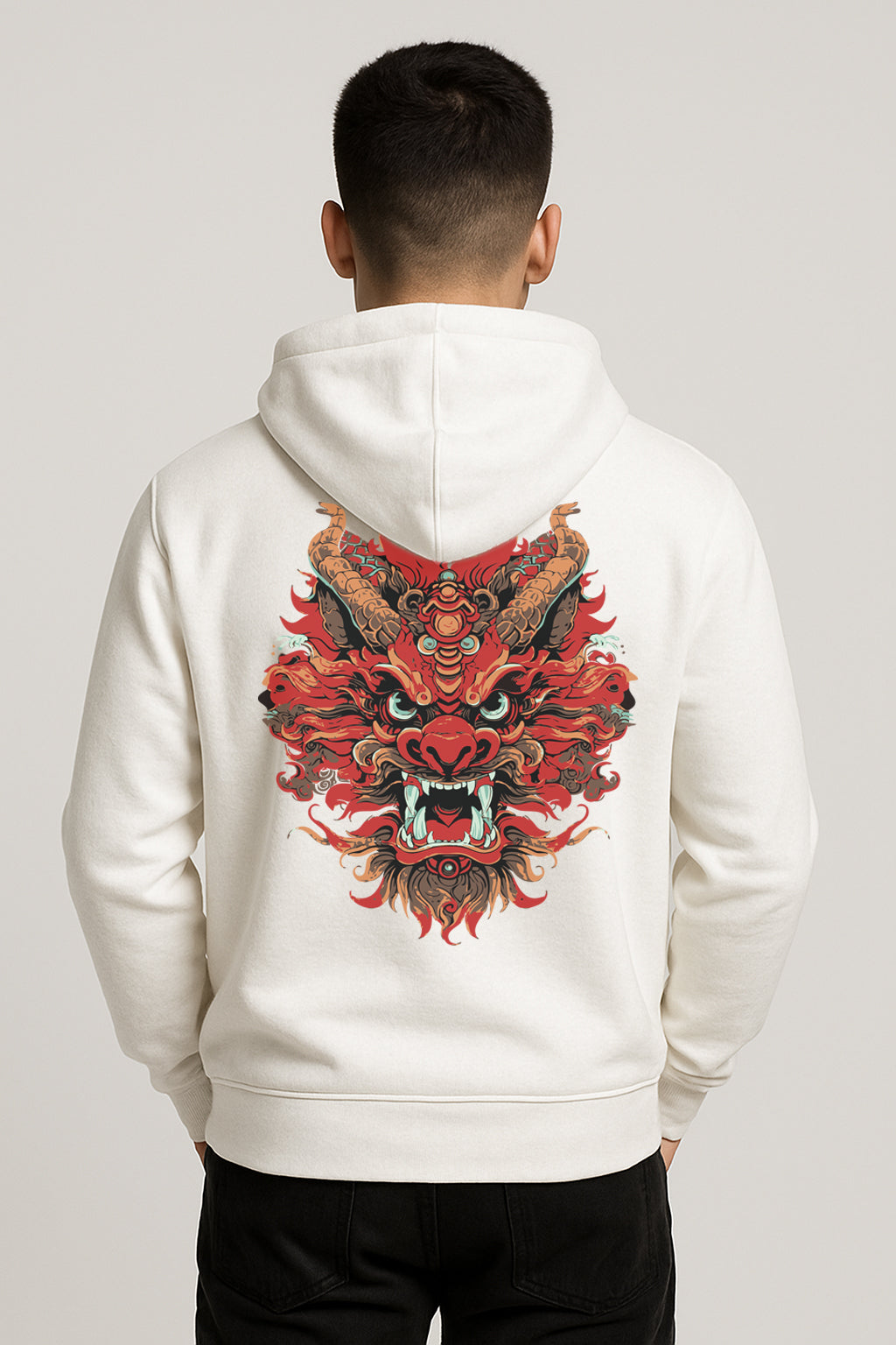 Dragon Printed Kangaroo Pocket Full Sleeve Pullover Hoodie