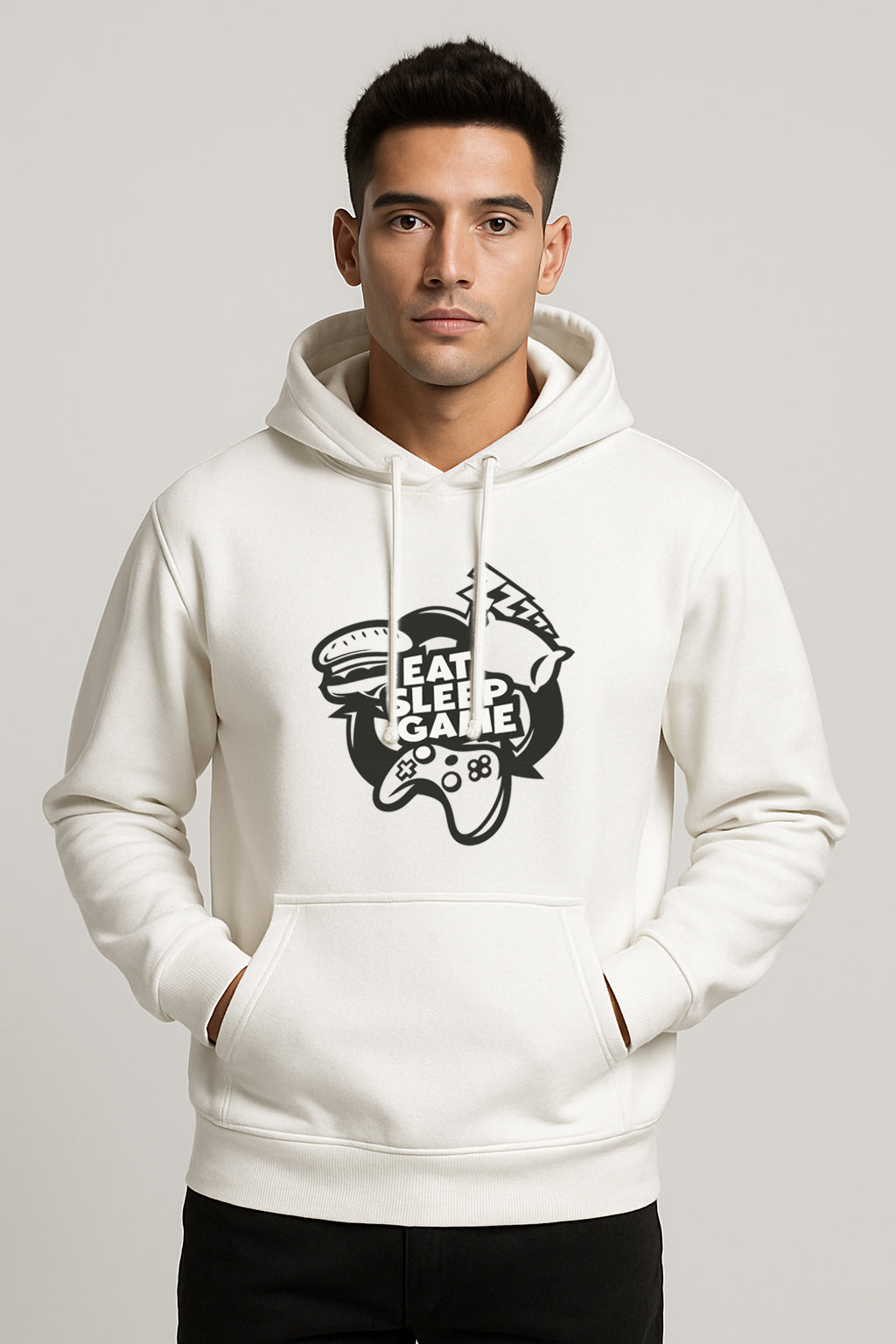 Eat Sleep Game Printed Kangaroo Pocket Full Sleeve Pullover Hoodie