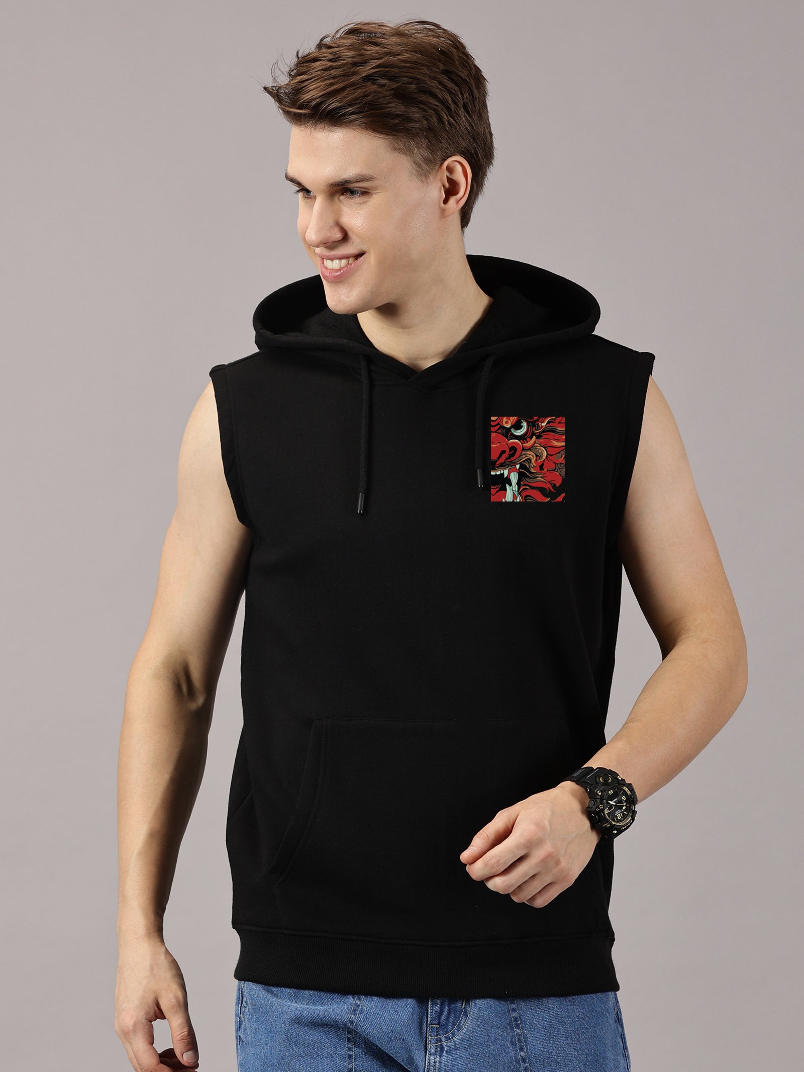 Dragon Printed Sleeveless Pullover Hoodie