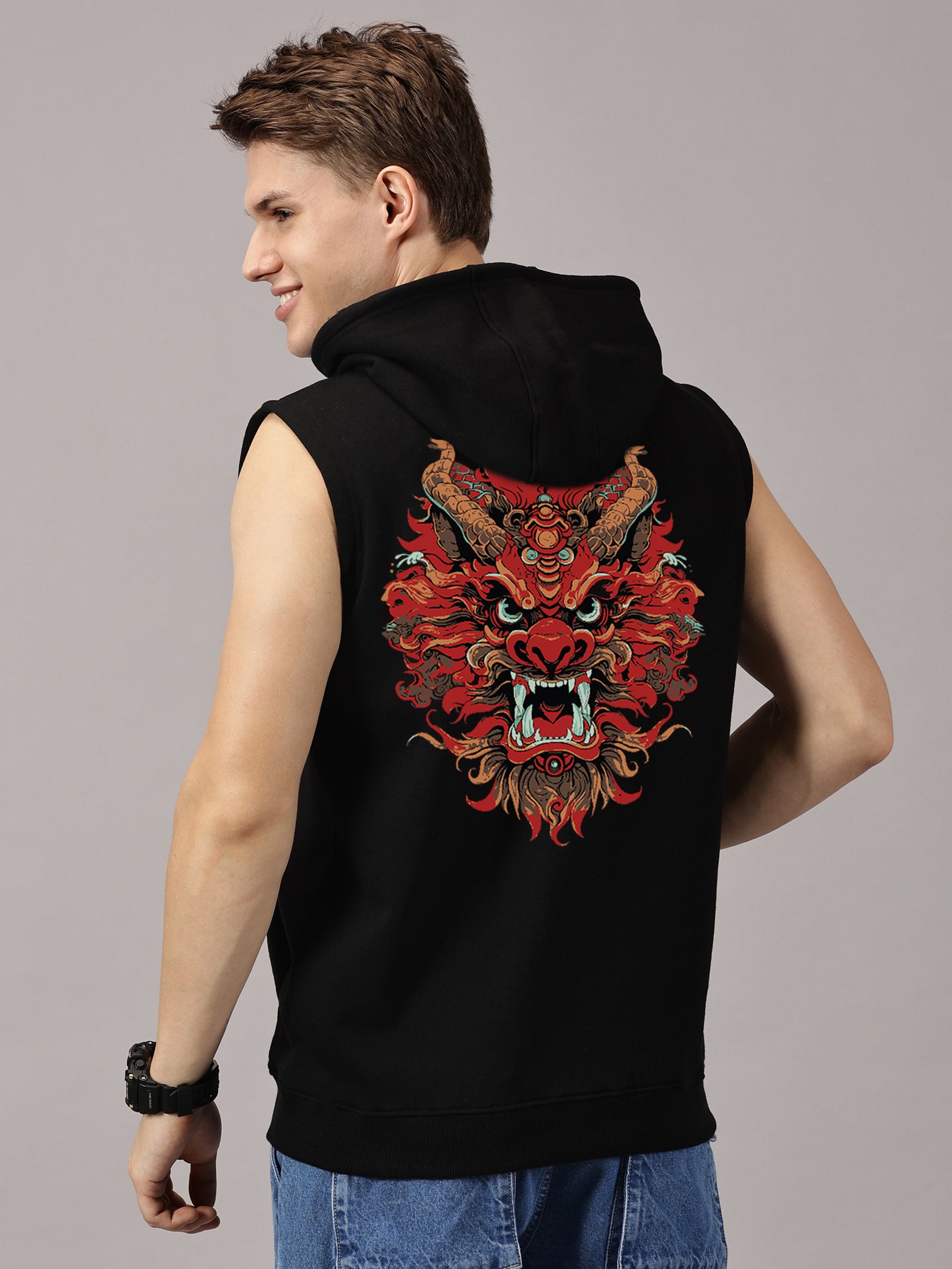 Dragon Printed Sleeveless Pullover Hoodie