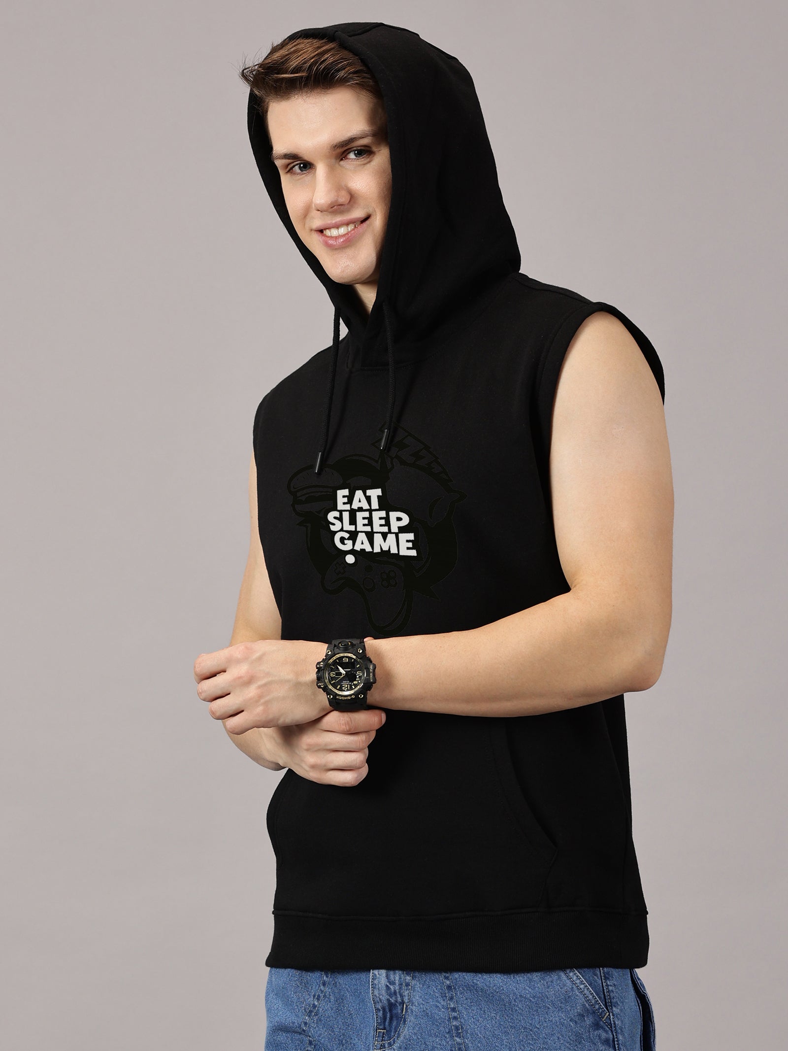 Eat Sleep Game Printed Sleeveless Pullover Hoodie