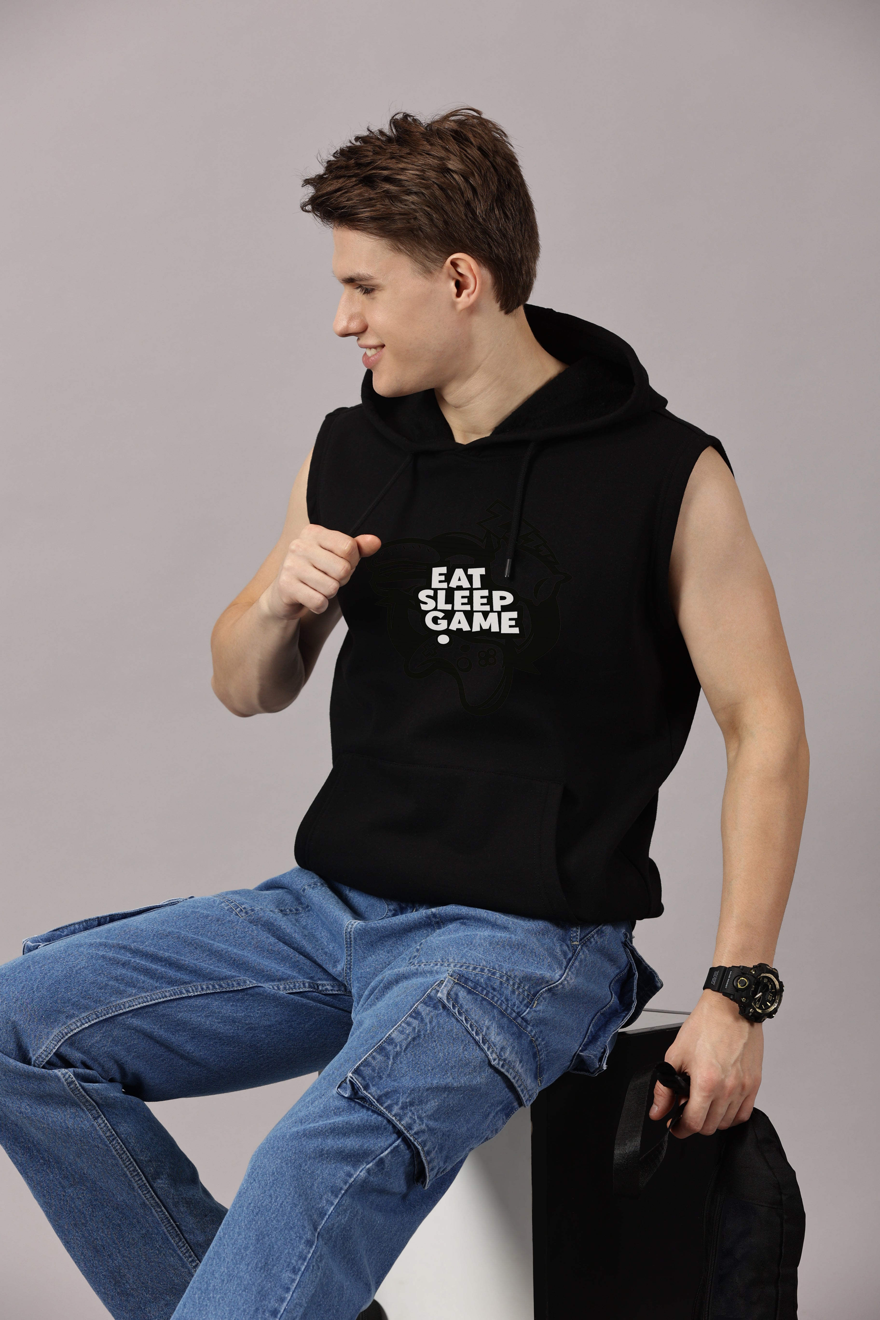Eat Sleep Game Printed Sleeveless Pullover Hoodie