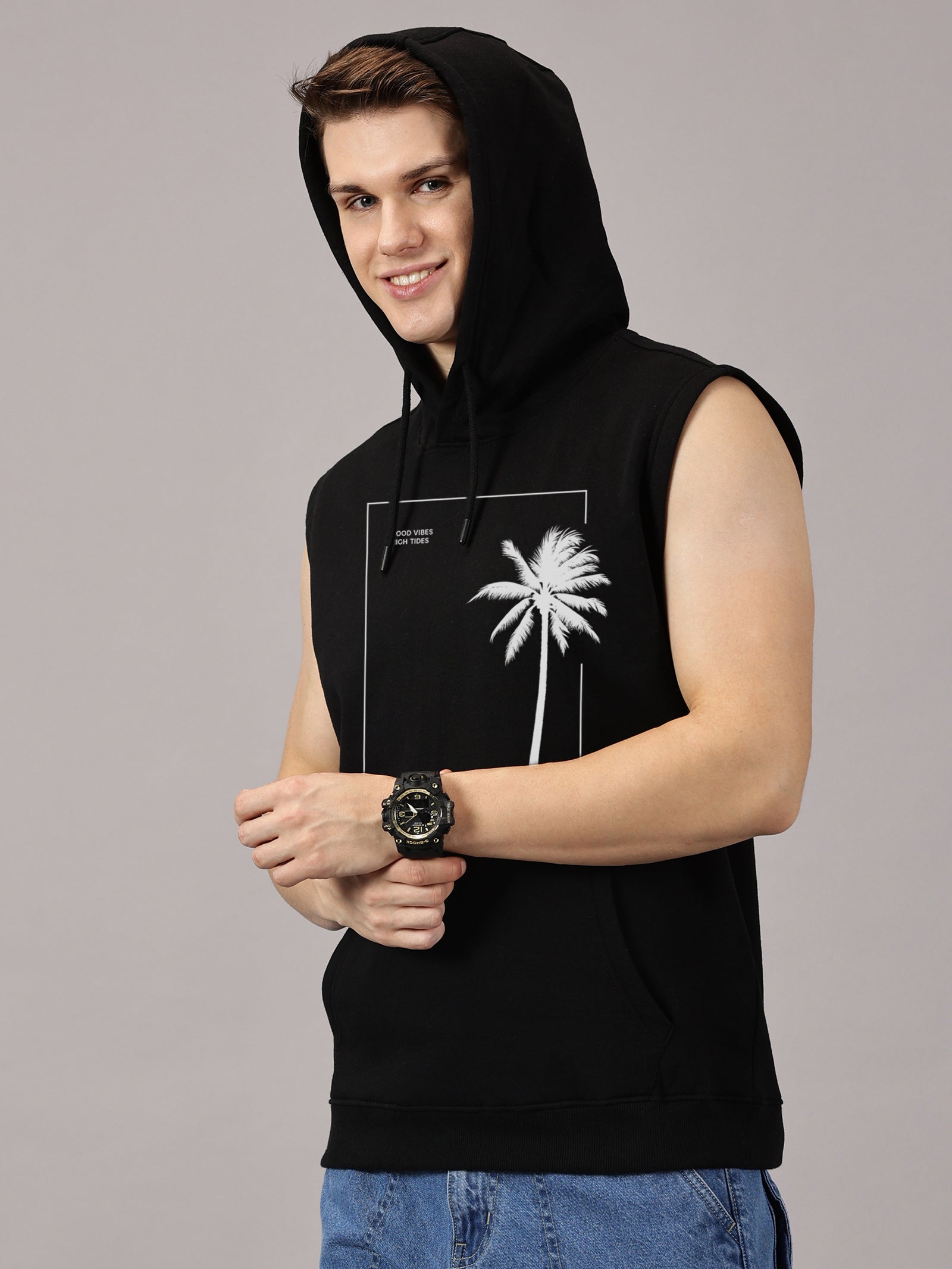 Good Vibes Printed Sleeveless Pullover Hoodie