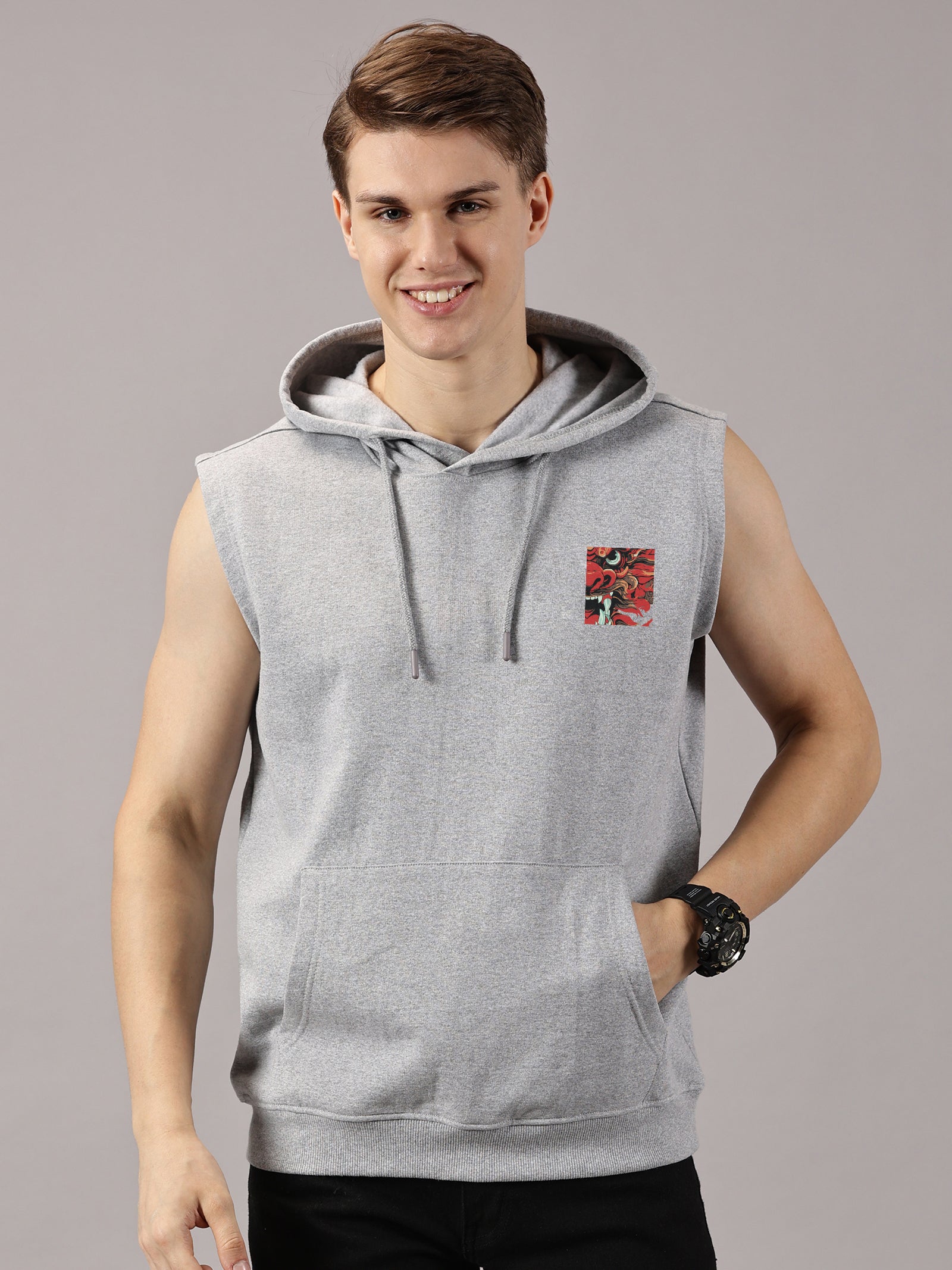 Dragon Printed Sleeveless Pullover Hoodie