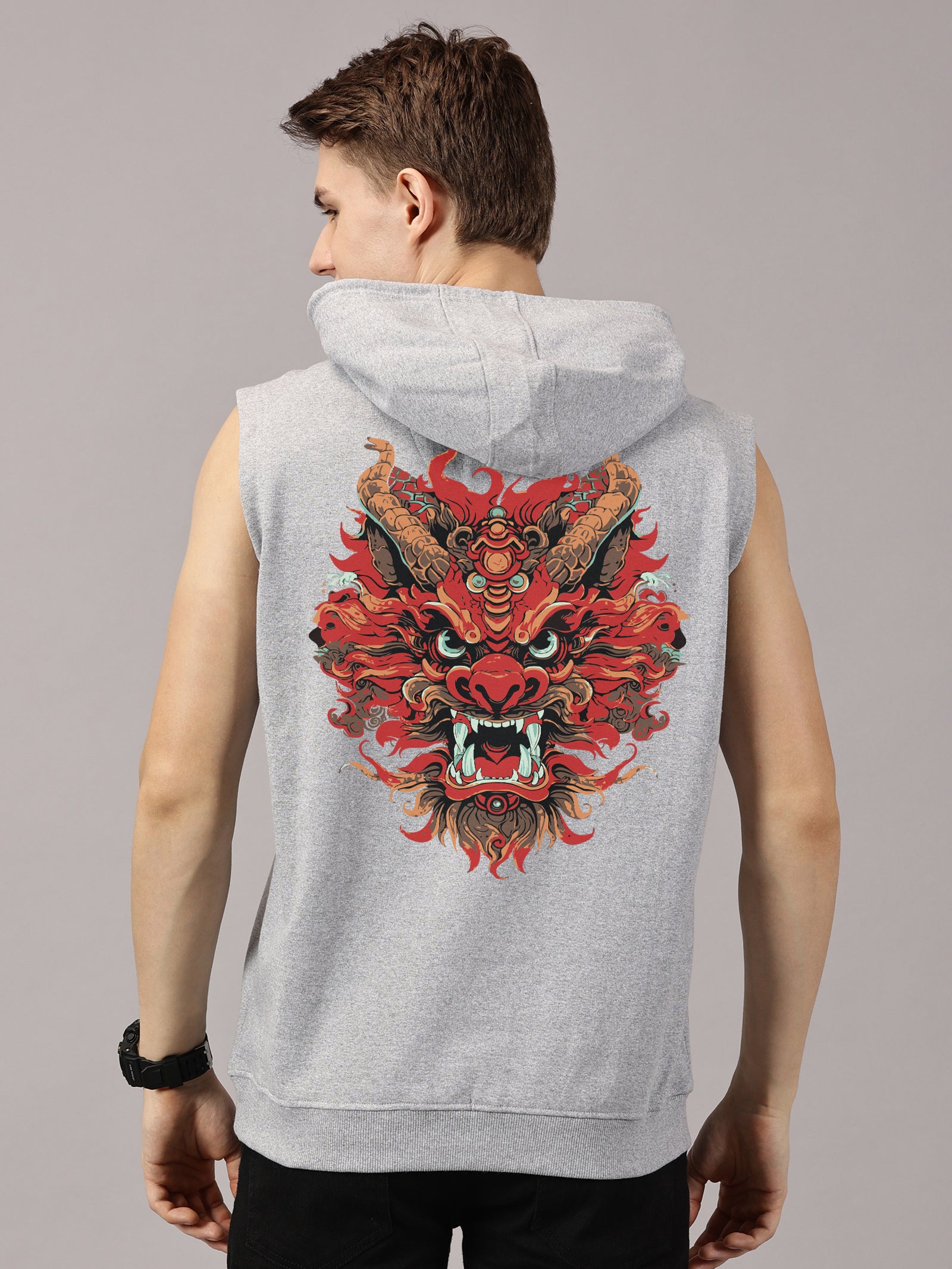Dragon Printed Sleeveless Pullover Hoodie