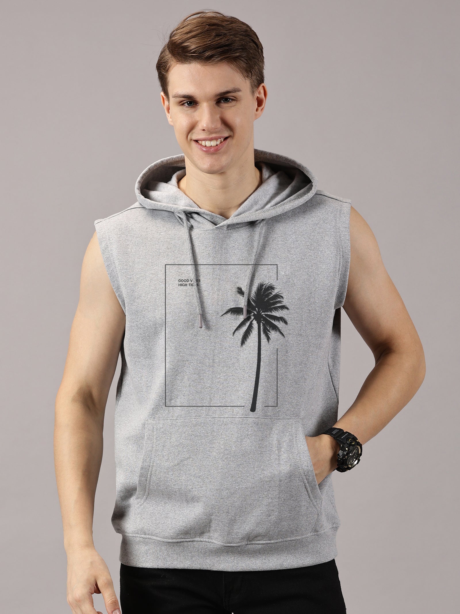 Good Vibes Printed Sleeveless Pullover Hoodie