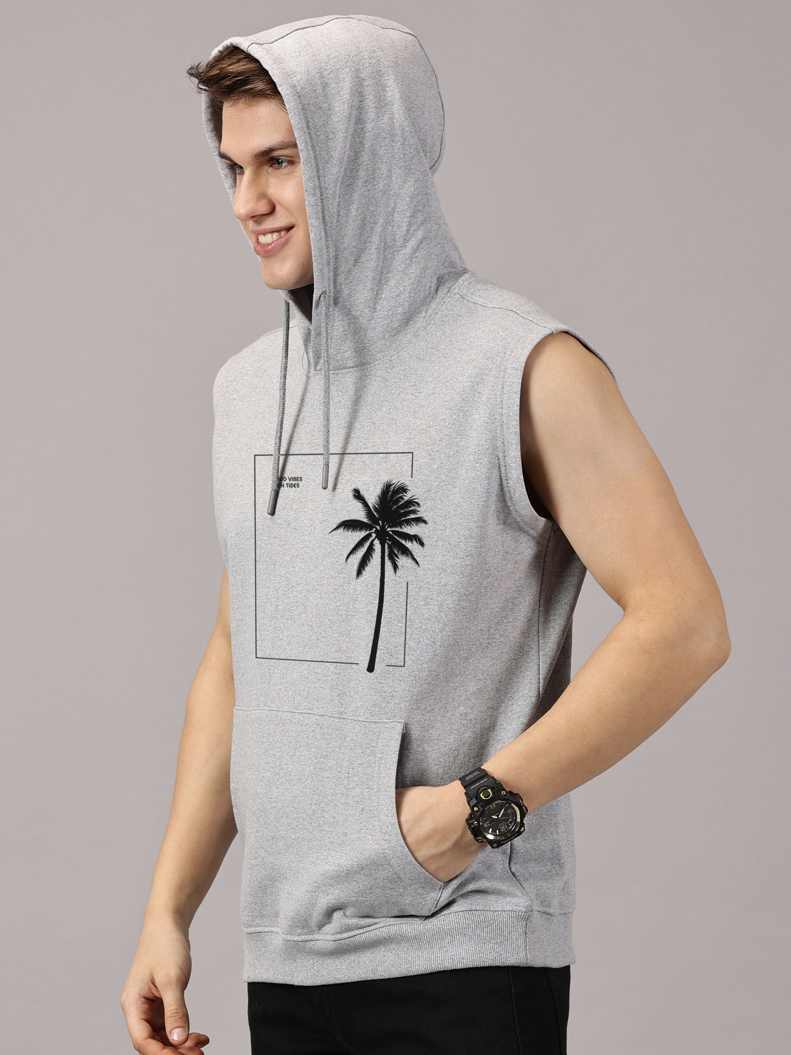 Good Vibes Printed Sleeveless Pullover Hoodie