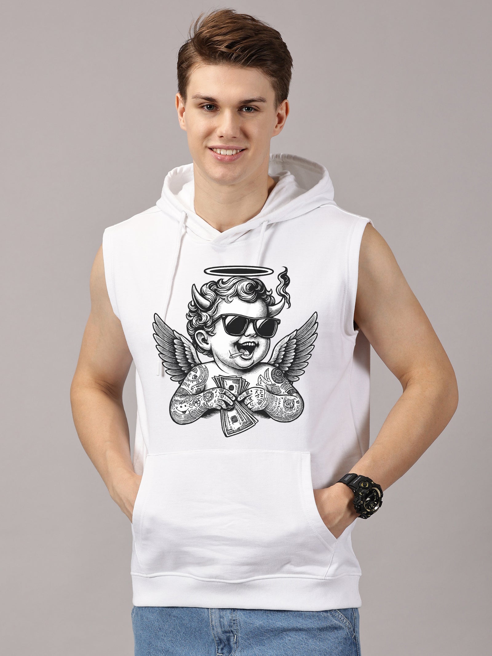 Angel Printed Sleeveless Pullover Hoodie