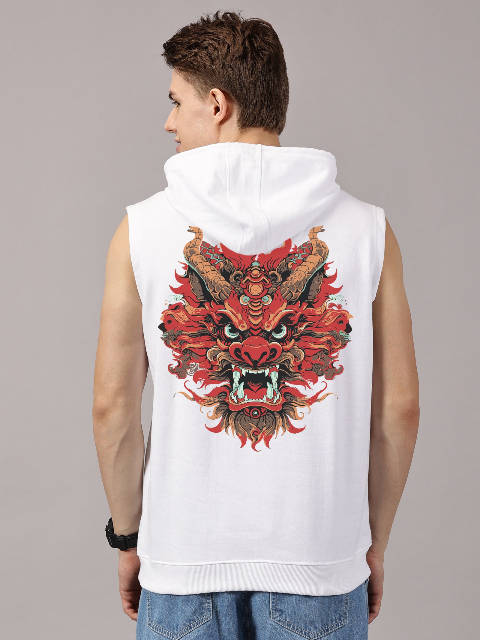 Dragon Printed Sleeveless Pullover Hoodie
