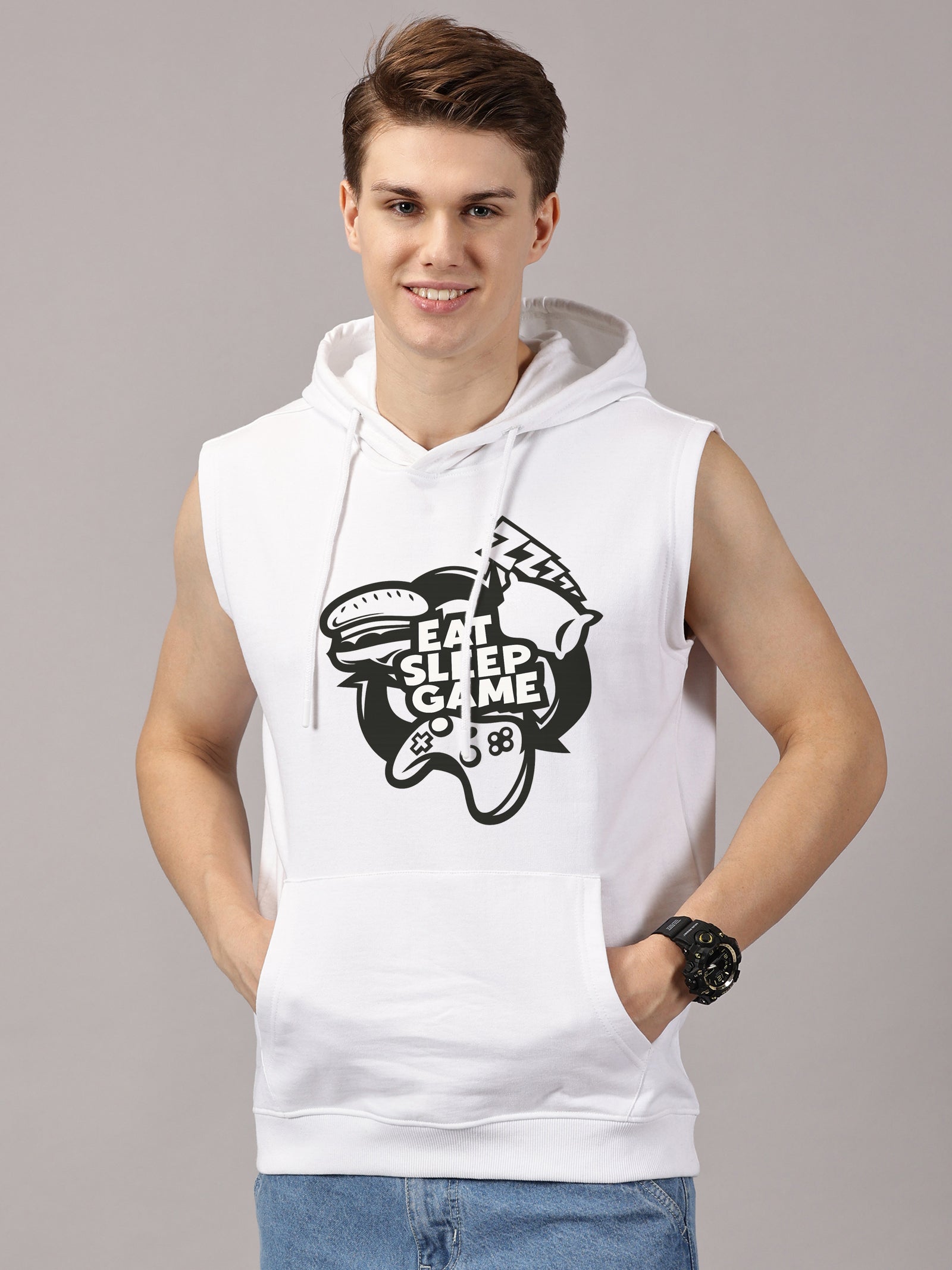 Eat Sleep Game Printed Sleeveless Pullover Hoodie