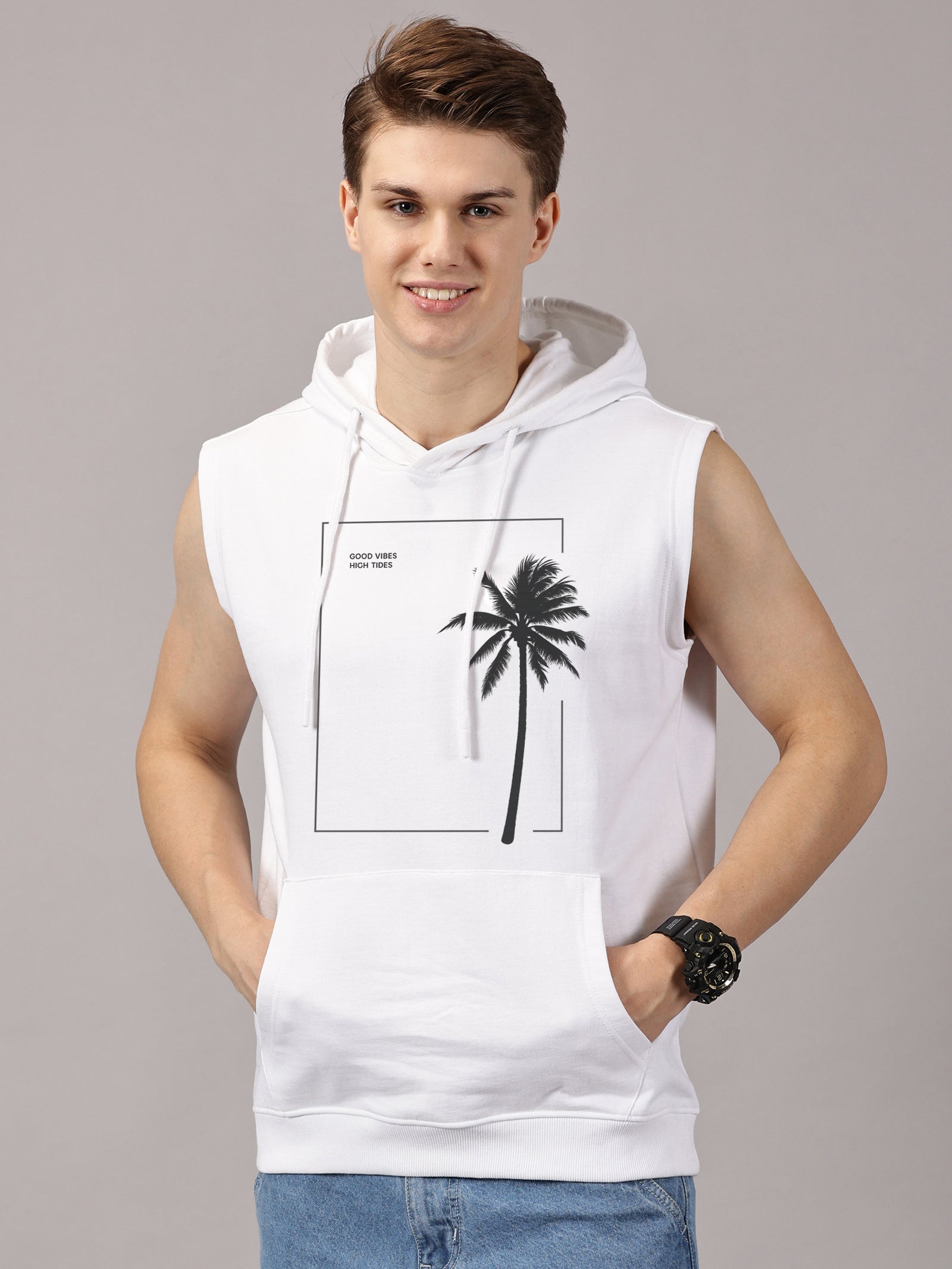 Good Vibes Printed Sleeveless Pullover Hoodie