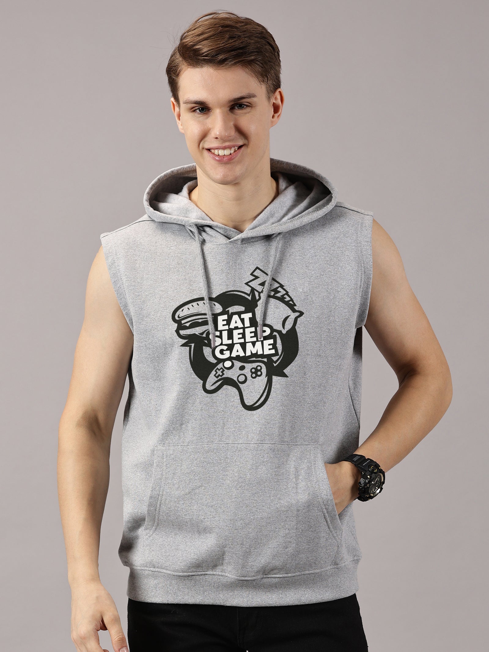 Eat Sleep Game Printed Sleeveless Pullover Hoodie