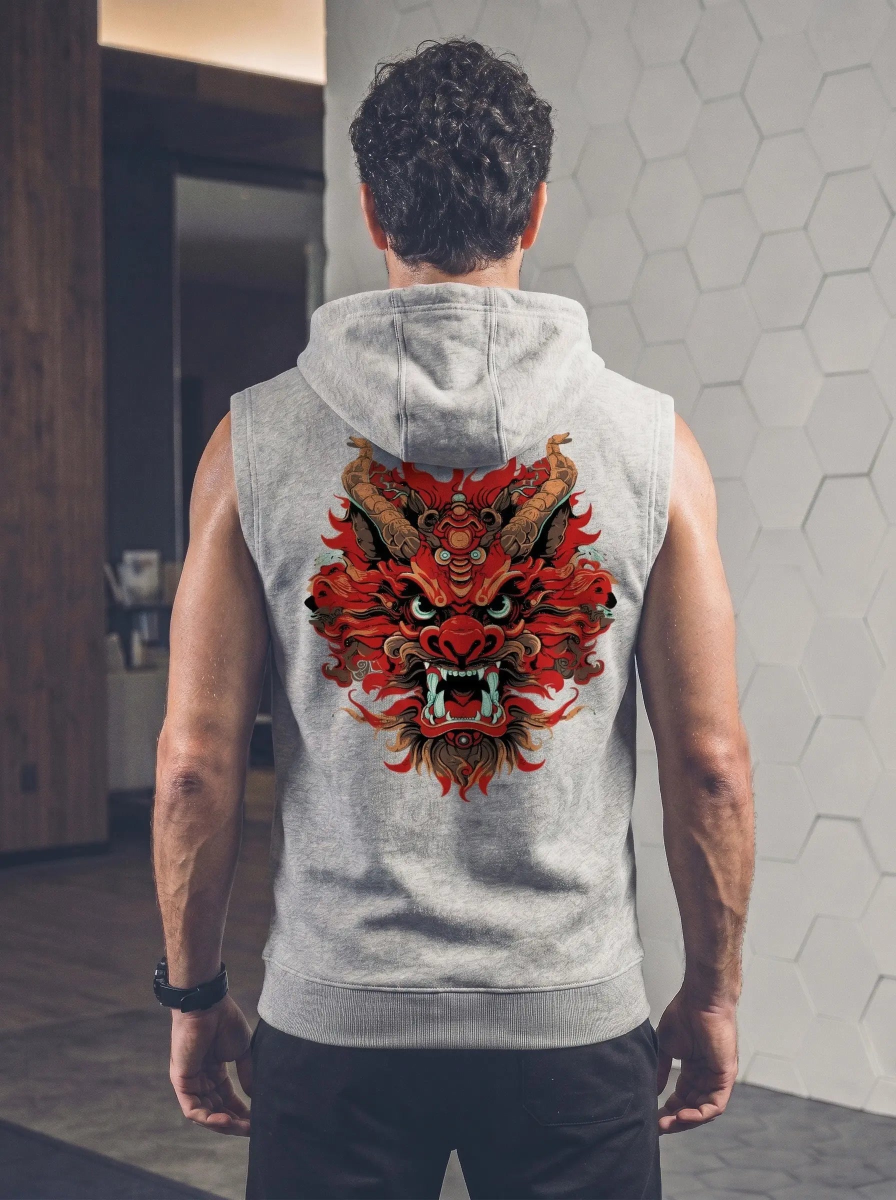 Dragon Printed Sleeveless Pullover Hoodie LEON
