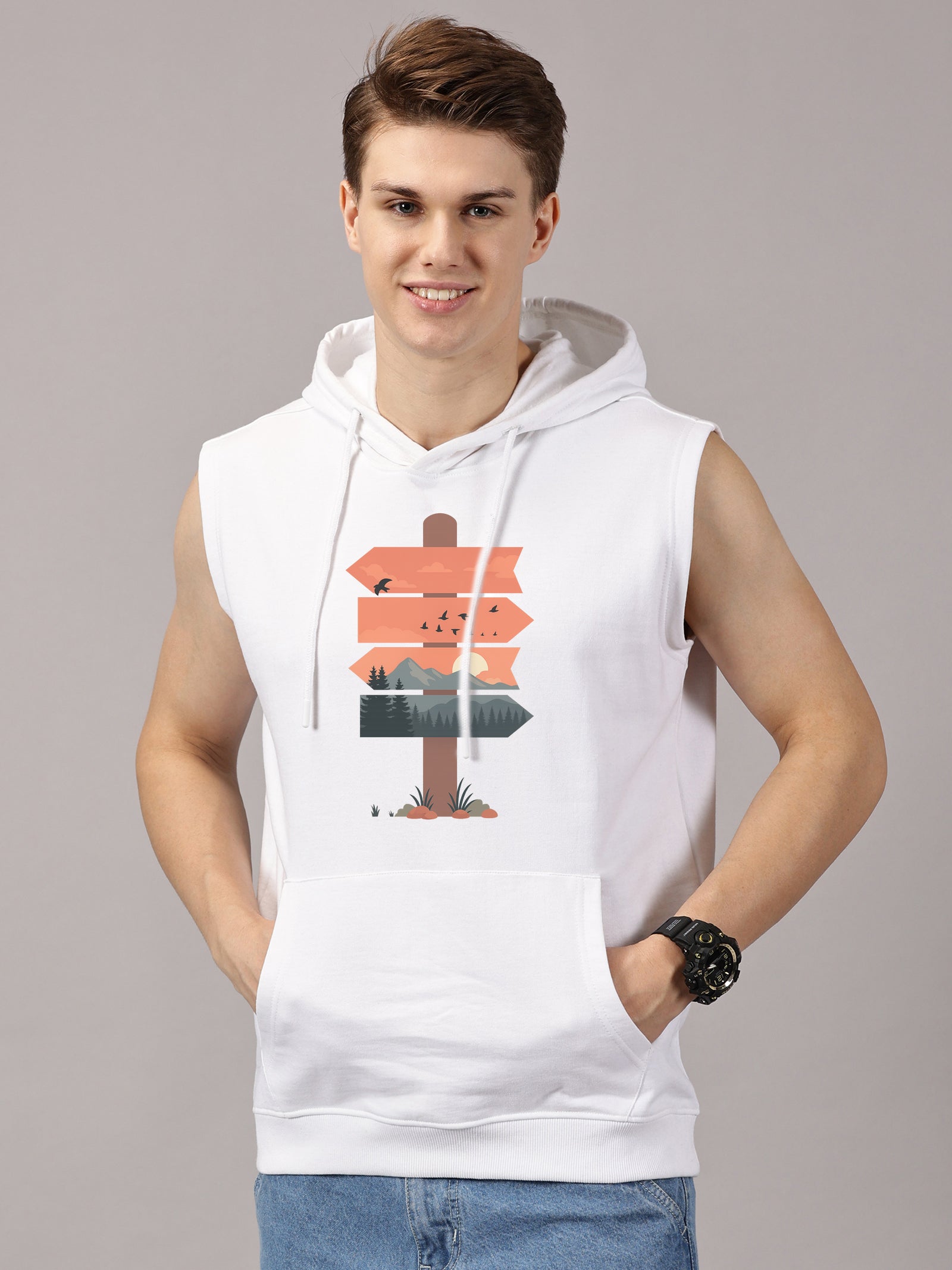 Nature Board Printed Sleeveless Pullover Hoodie