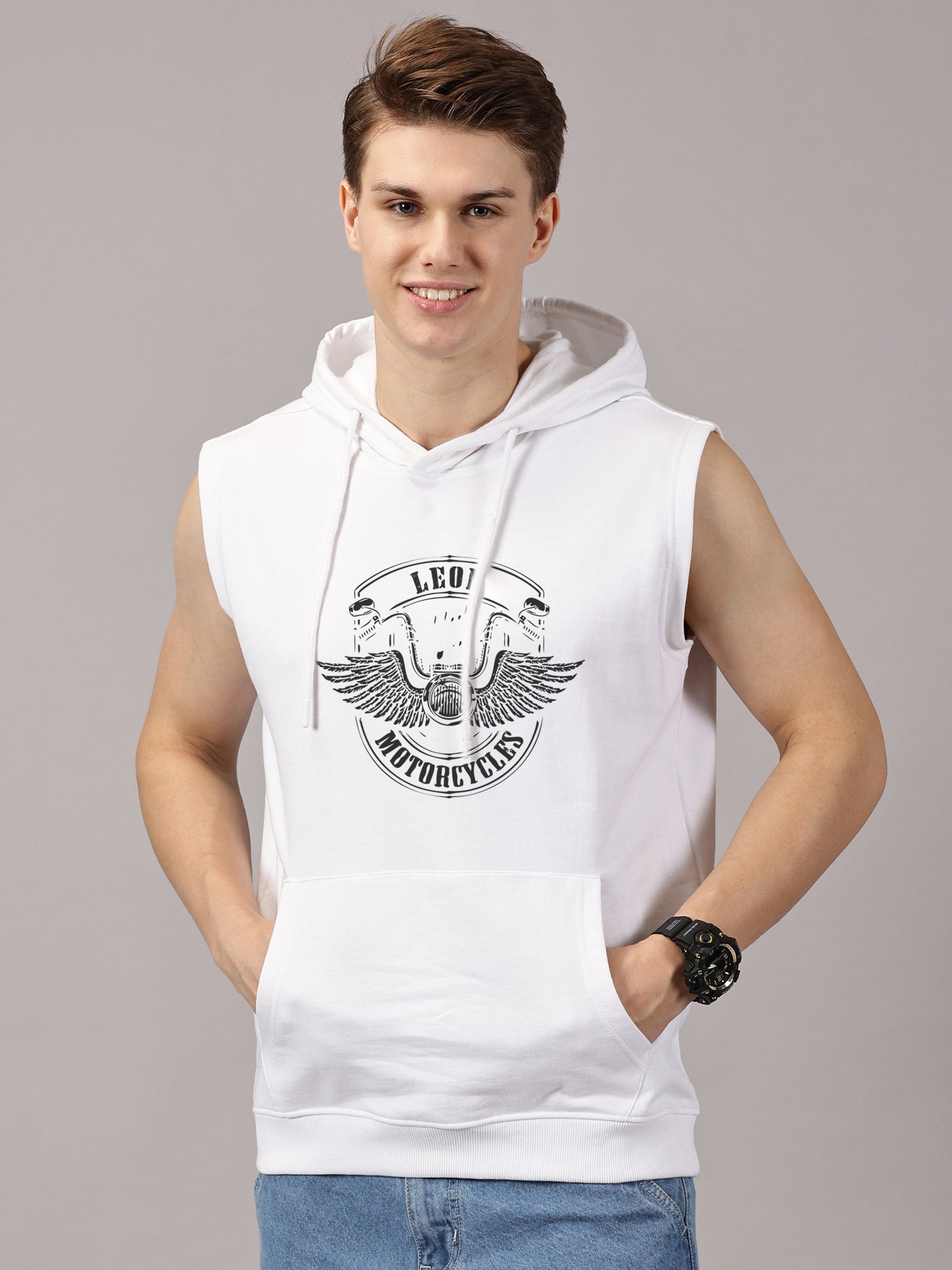 Motor Wings Printed Sleeveless Pullover Hoodie