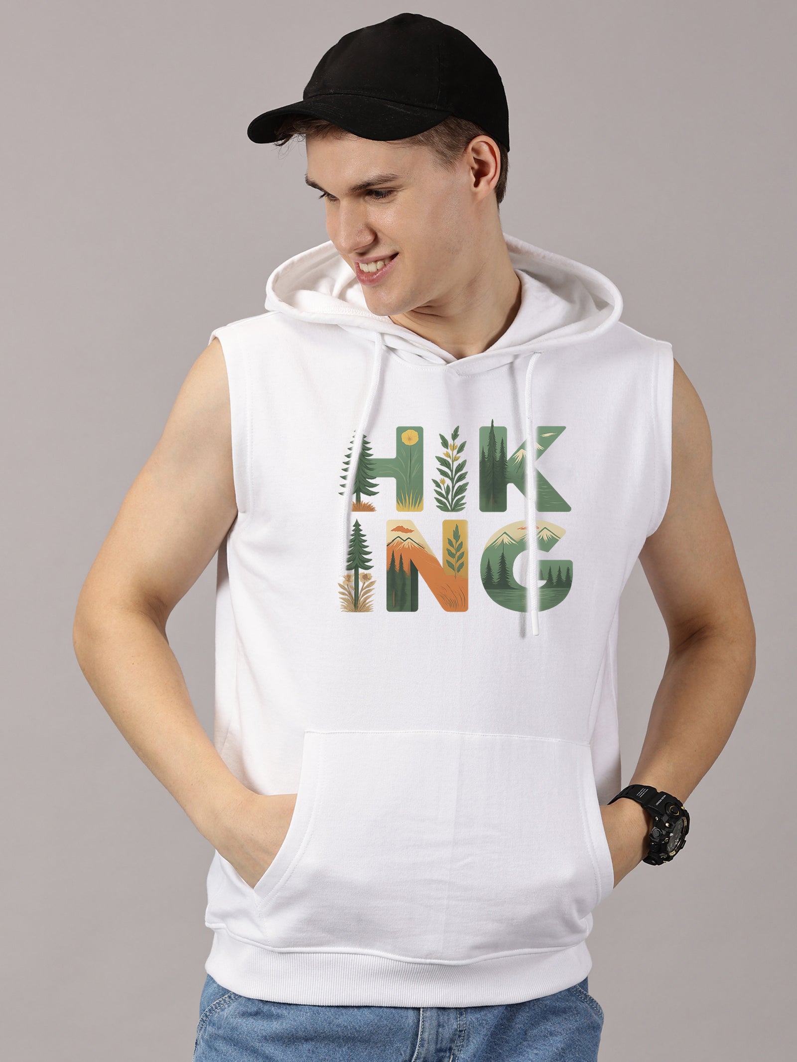 Hiking Printed Sleeveless Pullover Hoodie