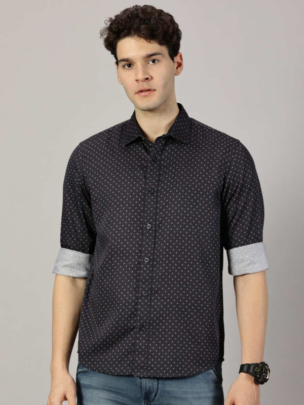 LEON Mens Floral printed Slim Fit Off White Halfsleeve Navy Shirt