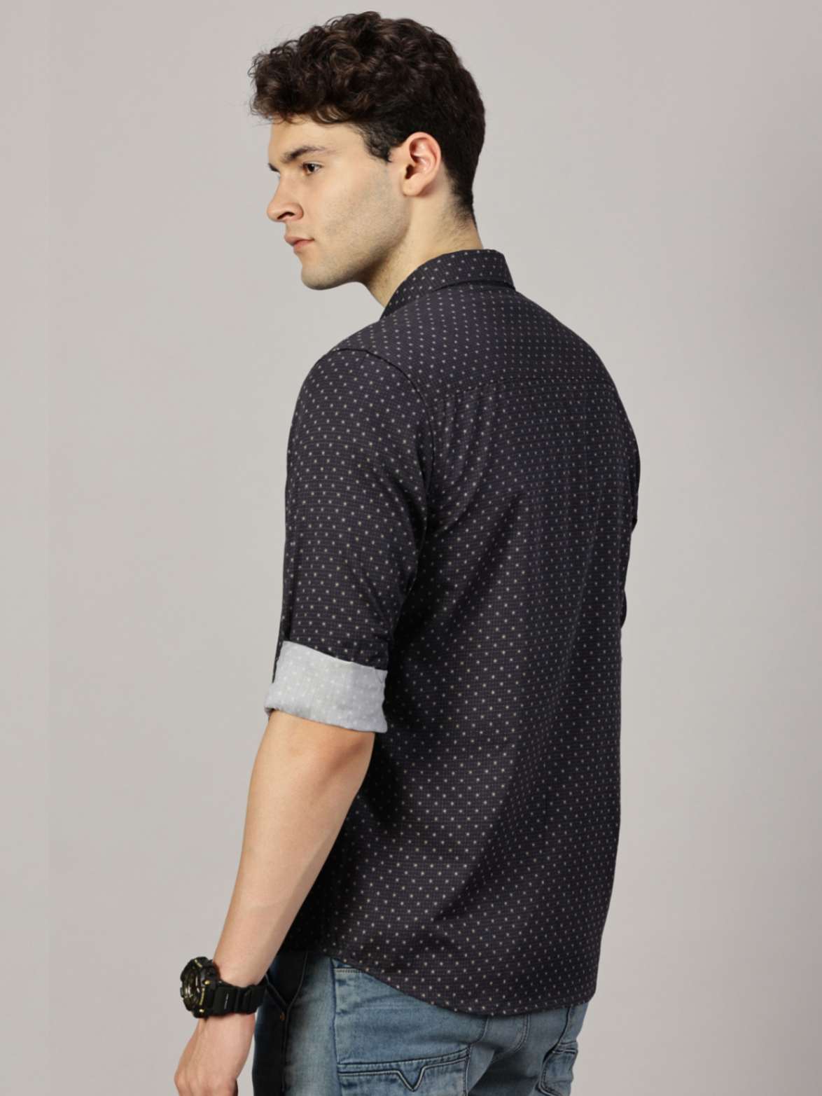 LEON Mens Floral printed Slim Fit Off White Halfsleeve Navy Shirt